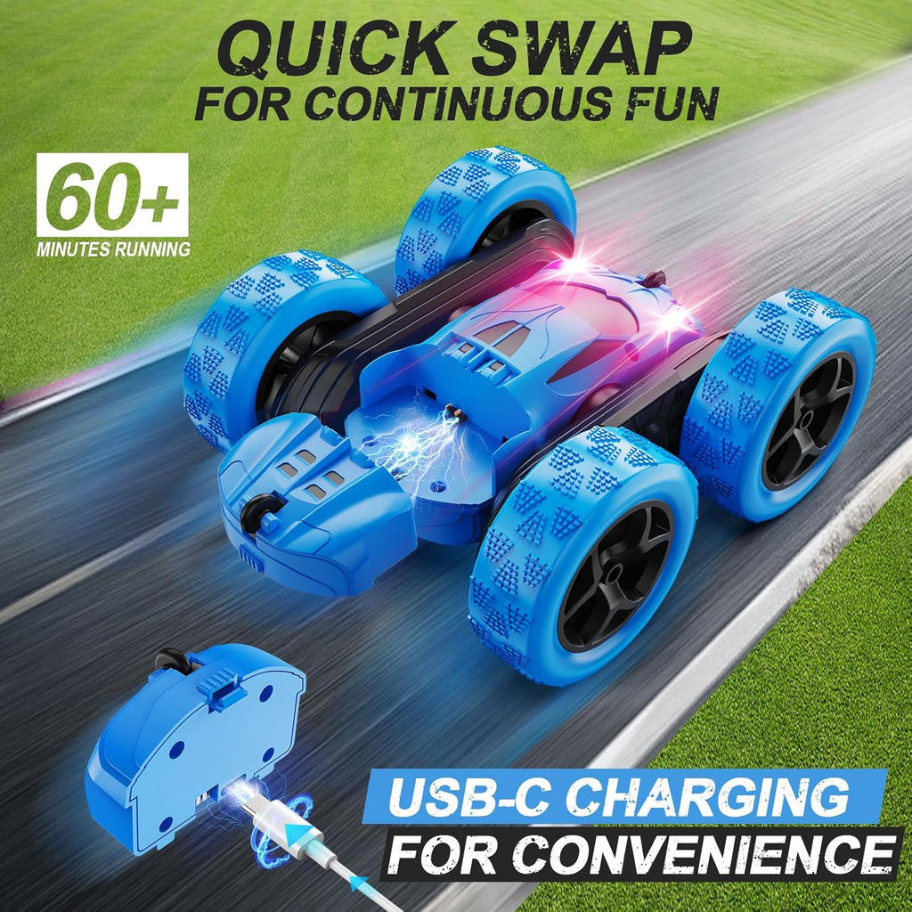 QUNREDA Remote Control Car, RC Cars Toys for Kids Ages 6-12, 4WD Stunt Car with LED Lights & 360å¡ Flips, 2.4GHz, Upgraded USB-C Modular Batteries, 8-10 Year Old Boys Birthday Gift 1-Blue