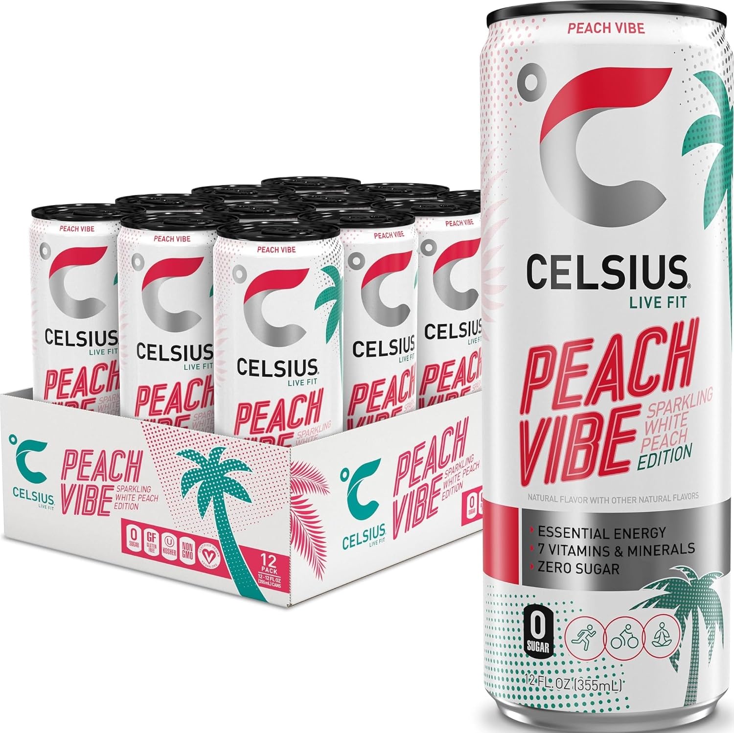 CELSIUS PEACH VIBE Sparkling White Peach, Sugar Free Energy Drink, 12 Fl Oz (Pack of 12)