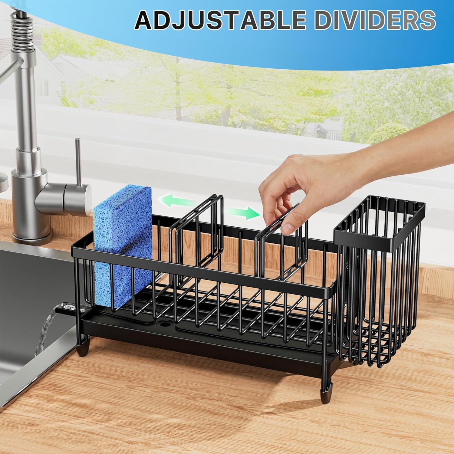 Cisily Sponge Holder for Kitchen Sink, Sink Caddy Organizer with High Brush Holder, Kitchen Countertop Organizers and Storage Essentials, Rustproof 304 Stainless Steel (Black, 9.25‰Û?)