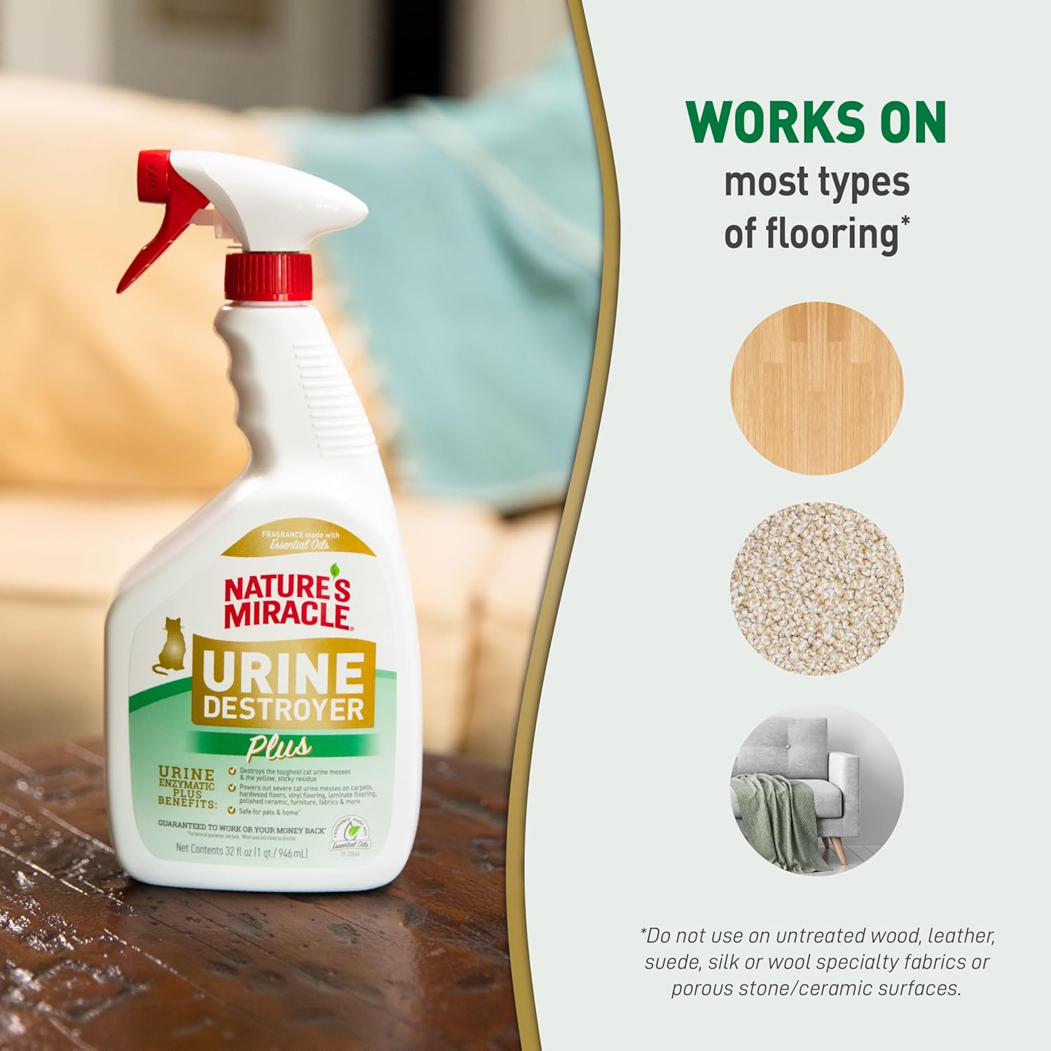 Nature‰۪s Miracle Urine Destroyer Plus Cat, 32 Ounces,Unscented, Enzymatic Formula, Ready-to-Use