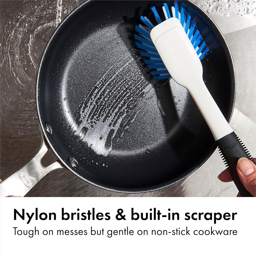 OXO Good Grips Dish Brush, Nylon Bristles with Built-in Scraper, Safe for