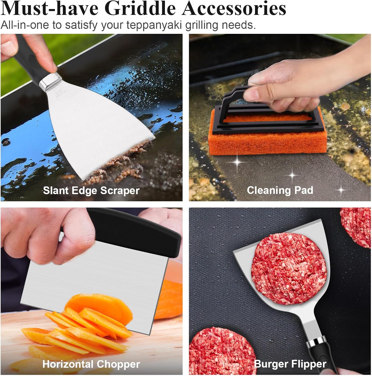 Grilliance 27pcs Griddle Accessories Kit for Blackstone, Professional Hibachi Flat Top Grill Tools, Enlarged Spatula Gift Set with Basting Cover•?ÎBurger Press Patty Maker for Outdoor BBQ Teppanyaki