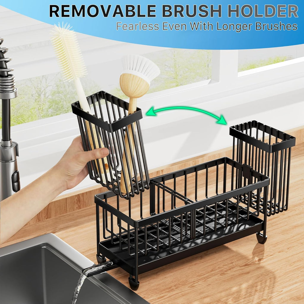 Cisily Sponge Holder for Kitchen Sink, Sink Caddy Organizer with High Brush Holder, Kitchen Countertop Organizers and Storage Essentials, Rustproof 304 Stainless Steel (Black, 9.25‰Û?)