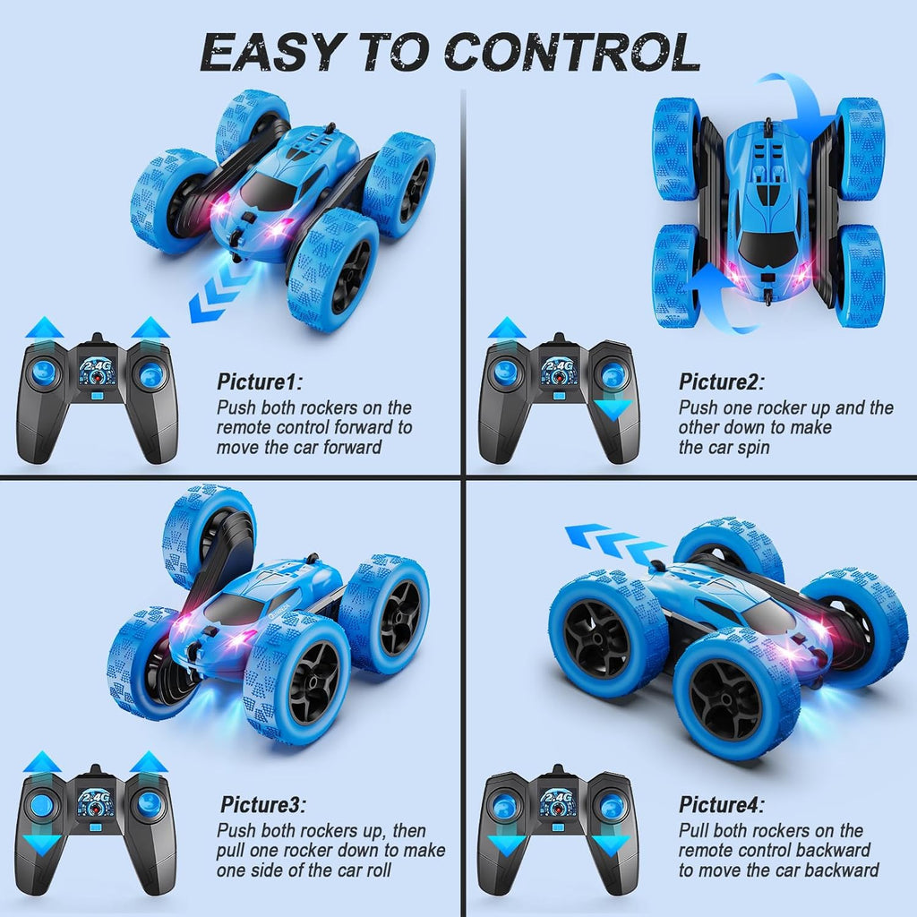 QUNREDA Remote Control Car, RC Cars Toys for Kids Ages 6-12, 4WD Stunt Car with LED Lights & 360å¡ Flips, 2.4GHz, Upgraded USB-C Modular Batteries, 8-10 Year Old Boys Birthday Gift 1-Blue