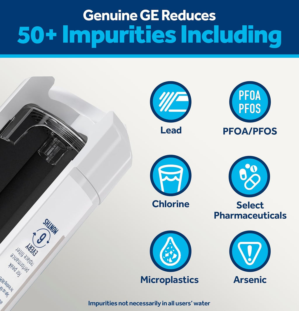GE XWFE Refrigerator Water Filter, Genuine Replacement Filter, Certified to Reduce Lead, Sulfur, and 50+ Other Impurities, Replace Every 6 Months for Best Results, Pack of 1