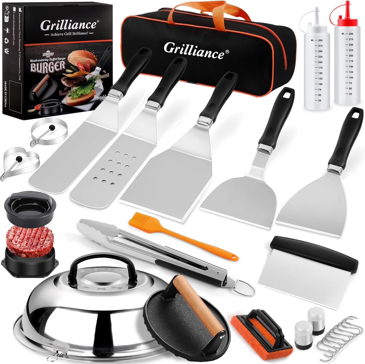 Grilliance 27pcs Griddle Accessories Kit for Blackstone, Professional Hibachi Flat Top Grill Tools, Enlarged Spatula Gift Set with Basting Cover•?ÎBurger Press Patty Maker for Outdoor BBQ Teppanyaki