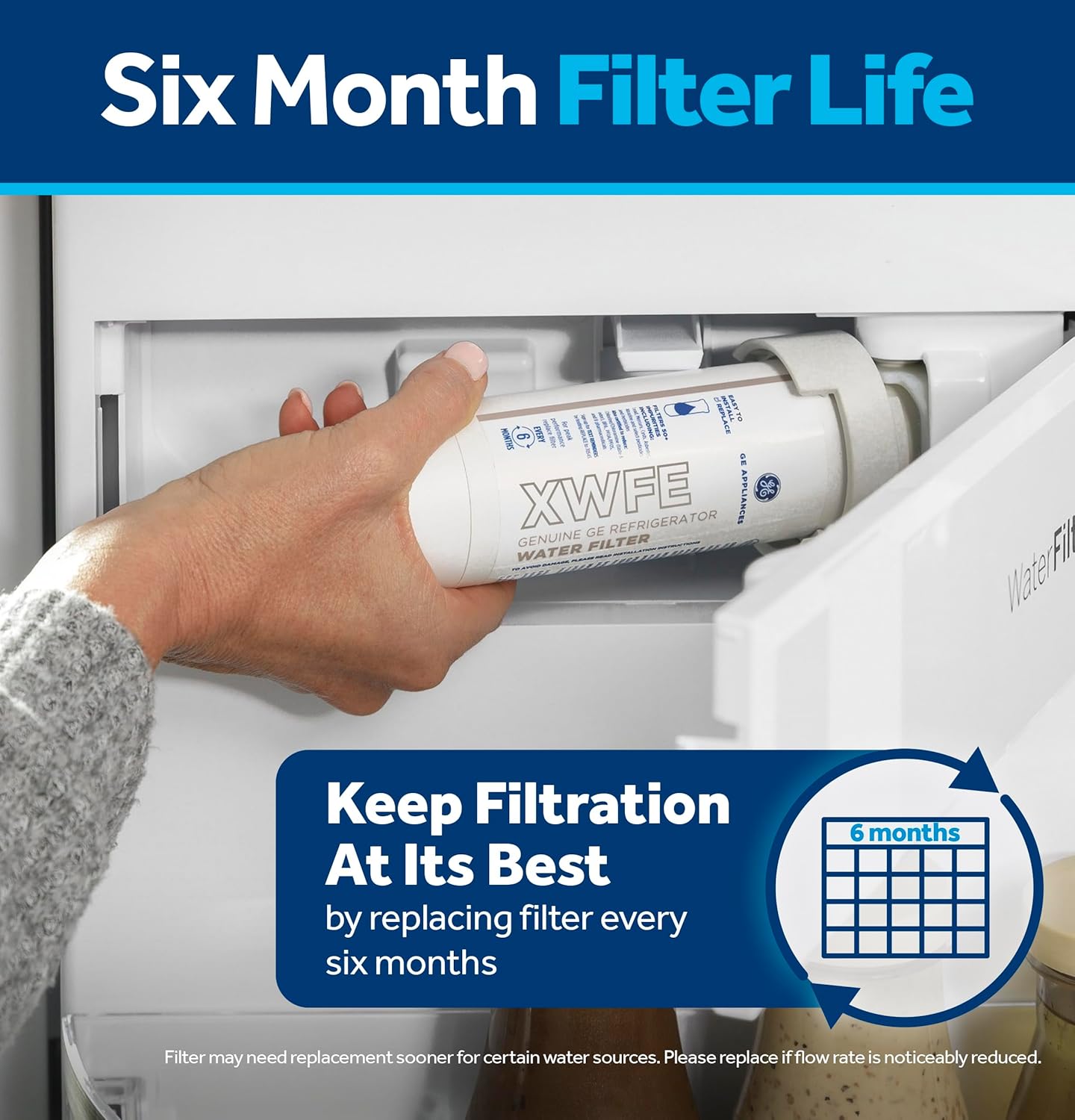 GE XWFE Refrigerator Water Filter, Genuine Replacement Filter, Certified to Reduce Lead, Sulfur, and 50+ Other Impurities, Replace Every 6 Months for Best Results, Pack of 1
