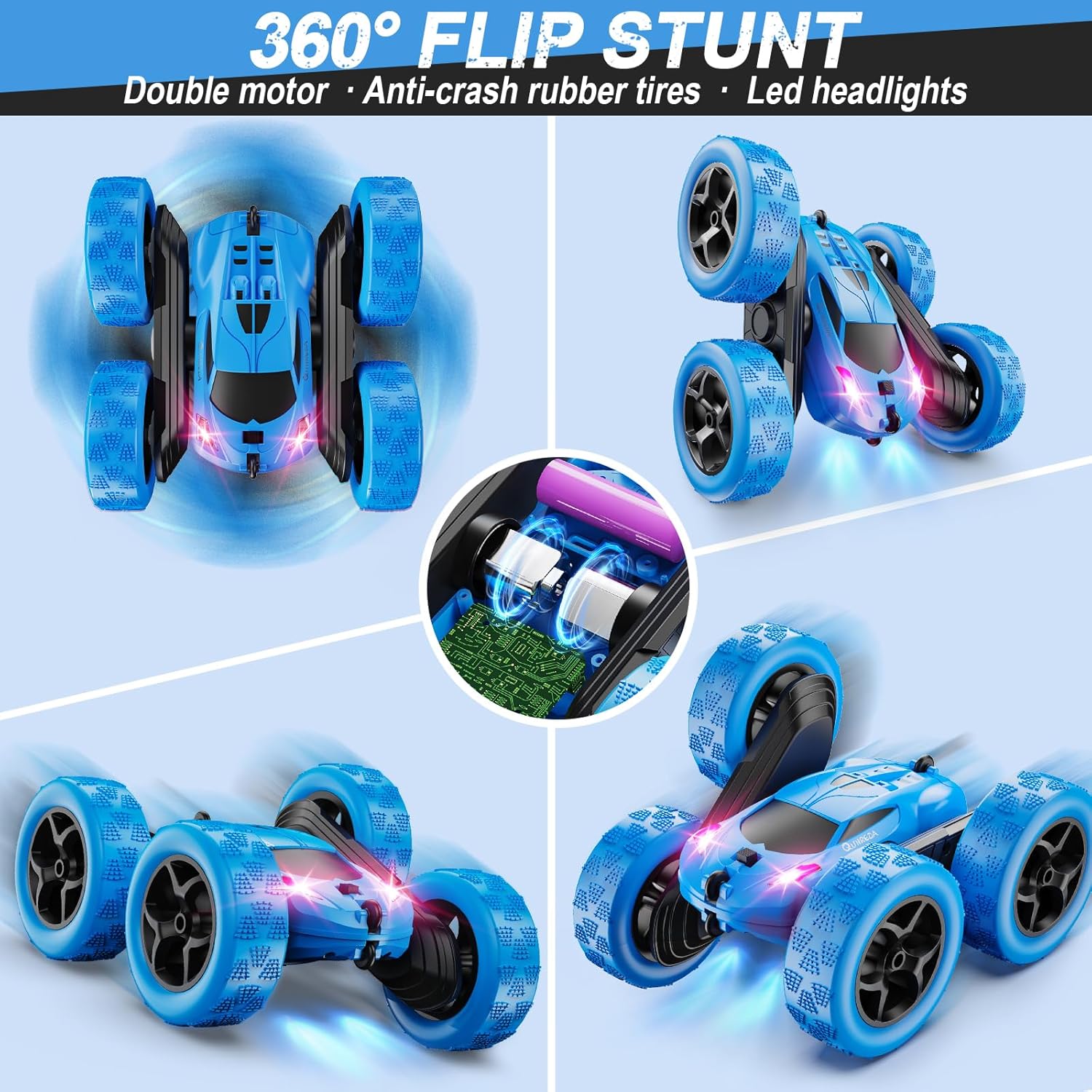 QUNREDA Remote Control Car, RC Cars Toys for Kids Ages 6-12, 4WD Stunt Car with LED Lights & 360å¡ Flips, 2.4GHz, Upgraded USB-C Modular Batteries, 8-10 Year Old Boys Birthday Gift 1-Blue