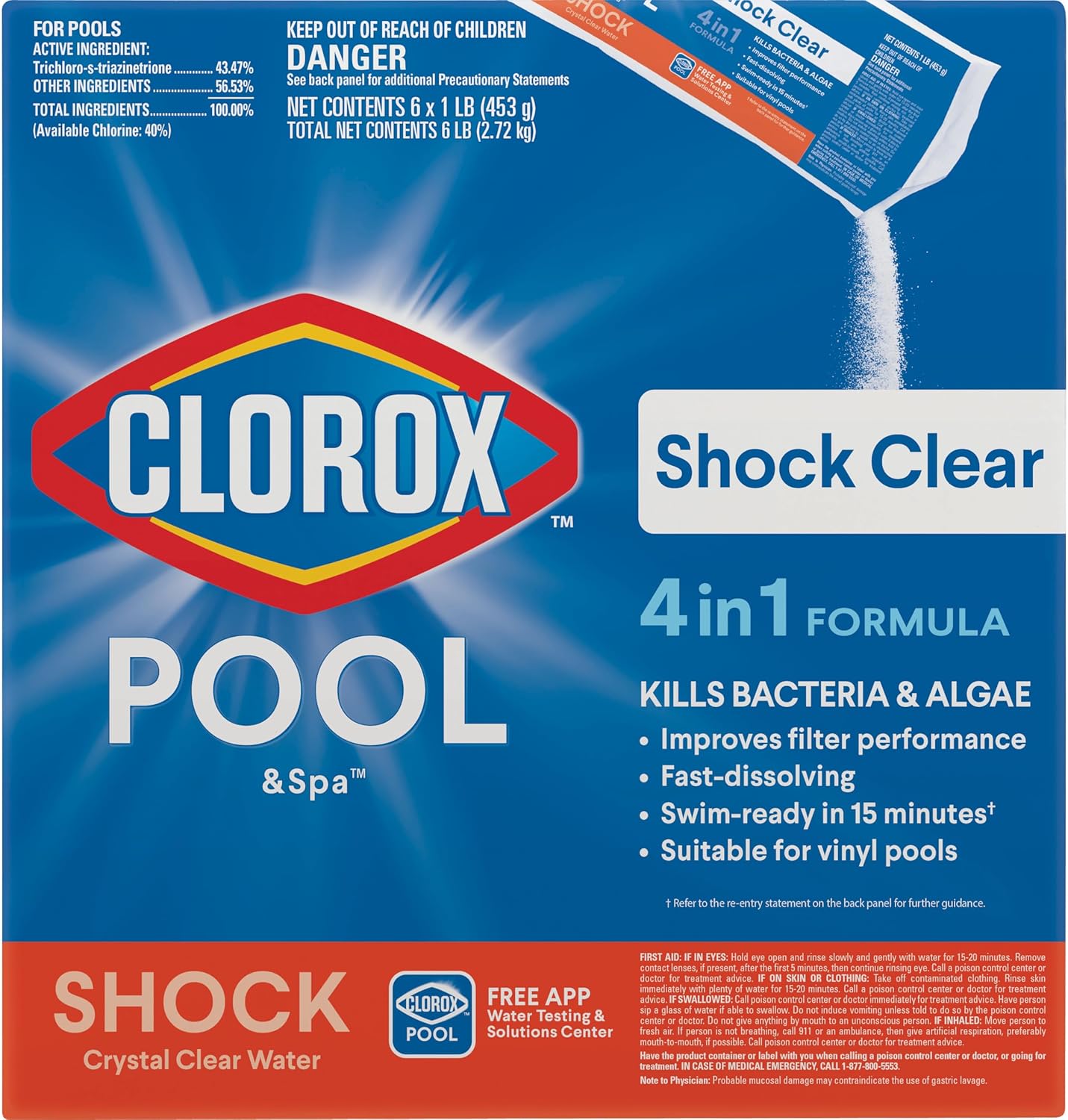 Cloroxå¨ Pool&Spa‰ã¢ Shock Clear, for Crystal Clear Swimming Pool Water, Swim-ready in 15 minutes, Suitable for vinyl pools (6-Pack)