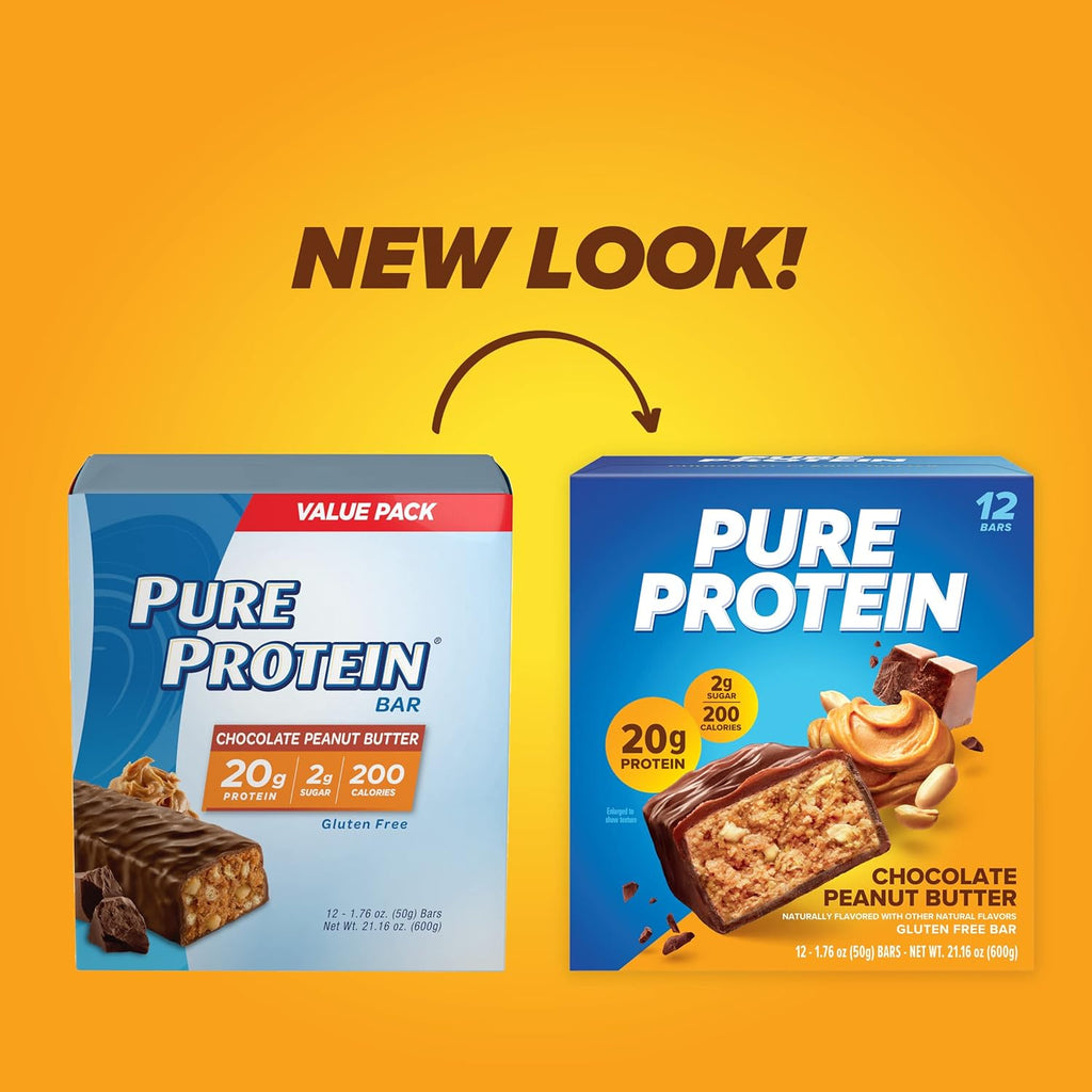 Pure Protein Chocolate Peanut Butter Protein Bars ‰ÛÒ 20g Protein, 3g Sugar, 190 Calories (12 count) Low Sugar* High Protein Snack - Gluten Free - Perfect for a Healthy Snack