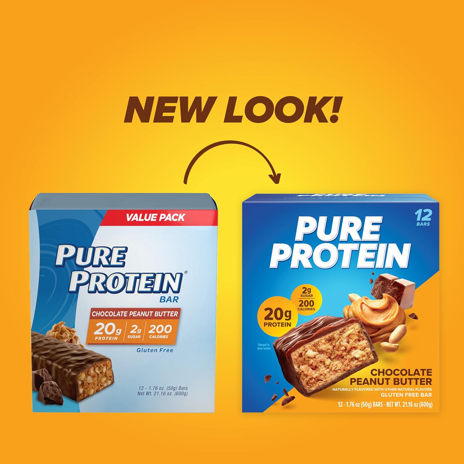 Pure Protein Chocolate Peanut Butter Protein Bars ‰ÛÒ 20g Protein, 3g Sugar, 190 Calories (12 count) Low Sugar* High Protein Snack - Gluten Free - Perfect for a Healthy Snack