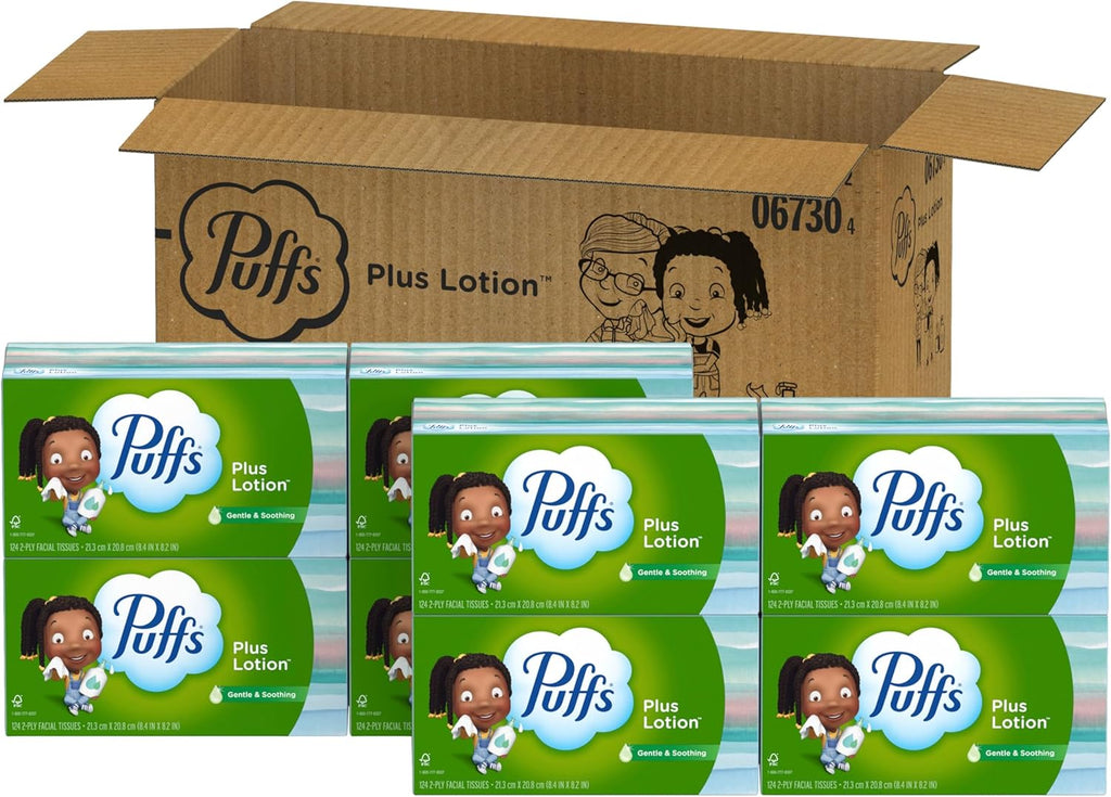 Puffs Plus Lotion Facial Tissues, 8 Family Boxes, 124 Facial Tissues per Box