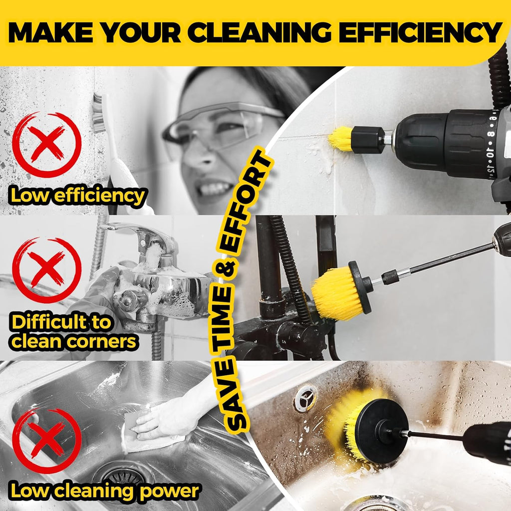 Holikme 6Pack Drill Brush Power Scrubber Cleaning Brush Extended Long Attachment Set All Purpose Drill Scrub Brushes Kit for Grout, Floor, Tub, Bathroom and Kitchen Surface,Scratch Brushes•?öYellow•?ä