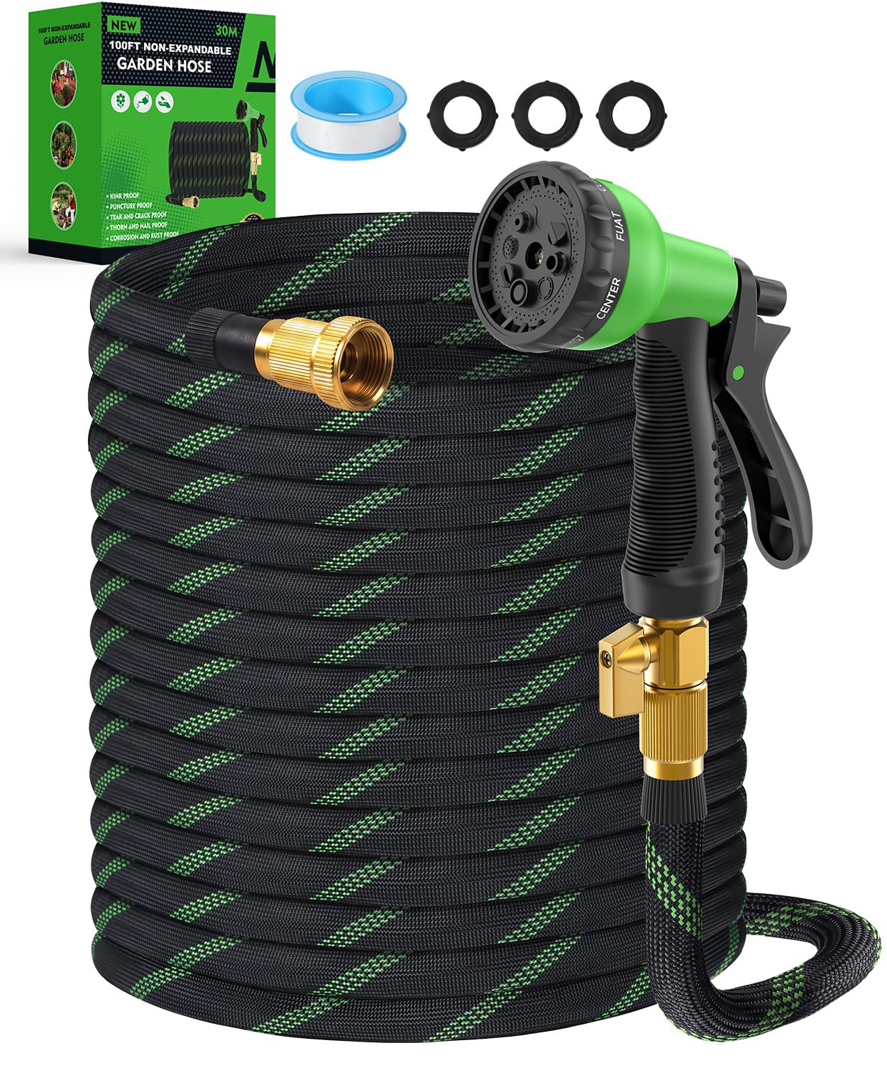 100ft Garden Hose，Non-Expandable Water Hose with 8 Function Spray Nozzle | Lightweight，Knik-Free，Burst-Resistant，Durable & Flexible 3/4" Garden Hose for Yard，Lawn, House Cleaning, Car Washing