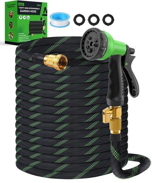 100ft Garden Hose，Non-Expandable Water Hose with 8 Function Spray Nozzle | Lightweight，Knik-Free，Burst-Resistant，Durable & Flexible 3/4" Garden Hose for Yard，Lawn, House Cleaning, Car Washing
