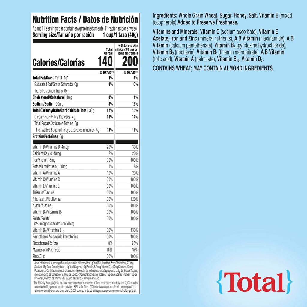 Total Breakfast Cereal, 100% Daily Value of 11 Vitamins and Minerals, Whole