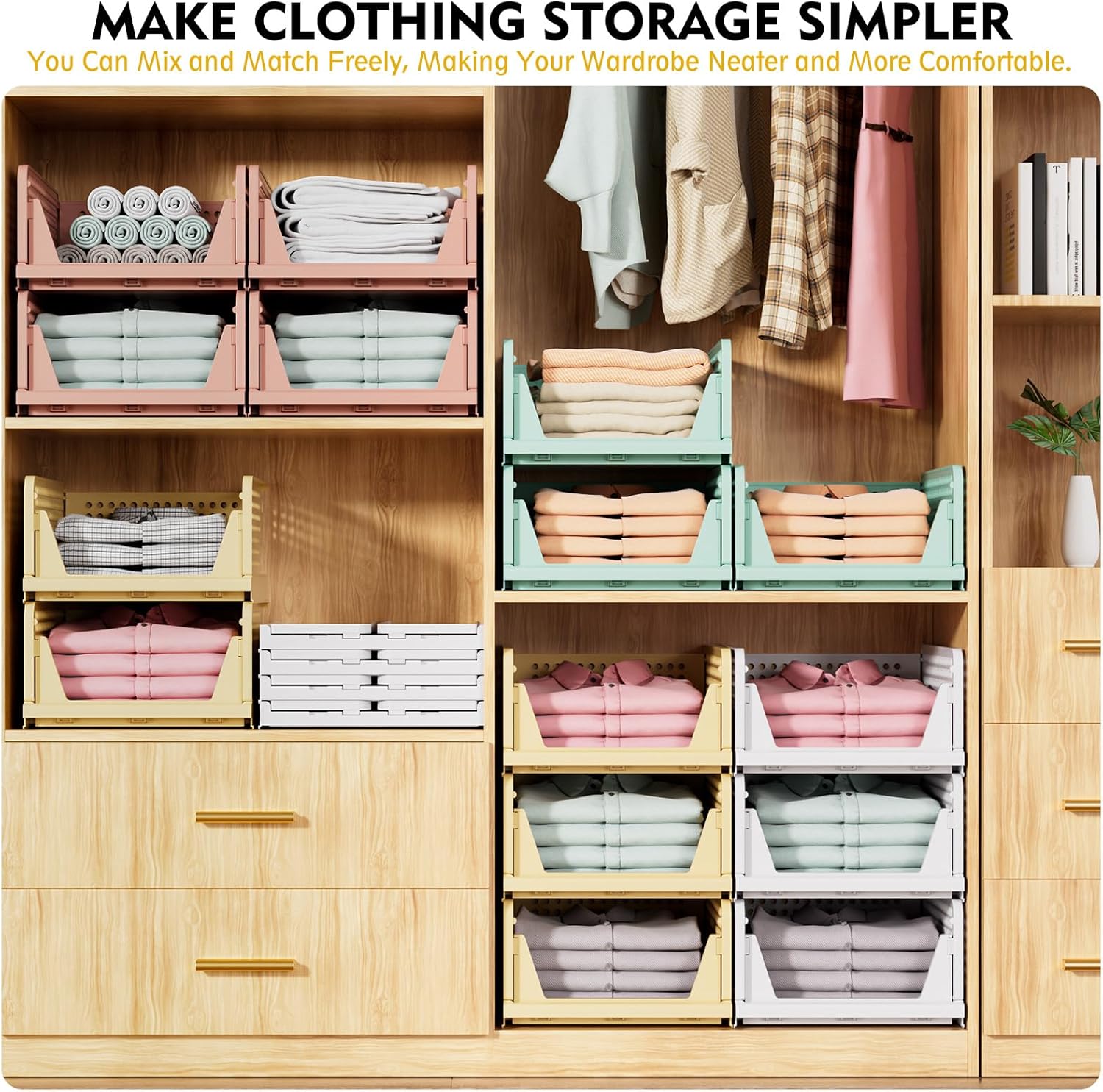 SNSLXH 5 Pack Stackable Closet Storage Basket, Multifunctional & Foldable