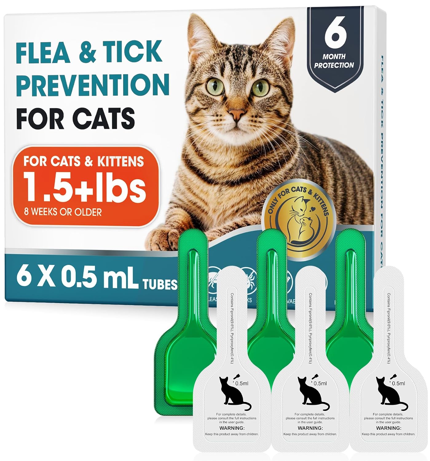 Topical Flea and Tick for Cats & Kittens Over 1.5 lbs, Waterproof, Monthly At-Home Cat Care for Cats 8 Weeks or Older, 6-Dose Supply