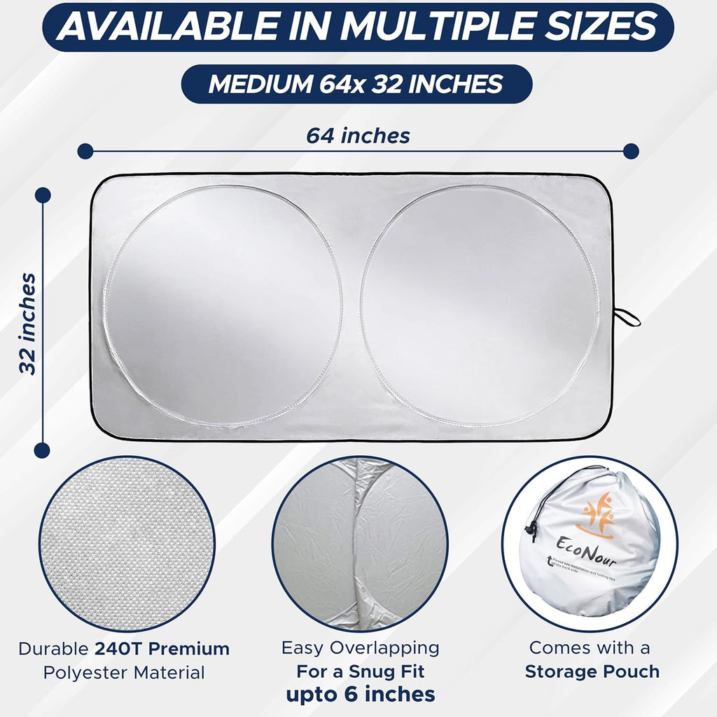 EcoNour Car Windshield Sunshade | Blocks 99% Heat & Keeps Interior Cool | Universal Fits Cars, SUVs, Trucks | Automotive Sun Screen, Visor & Car Accessories for Summer | Medium (64x32 Inches)