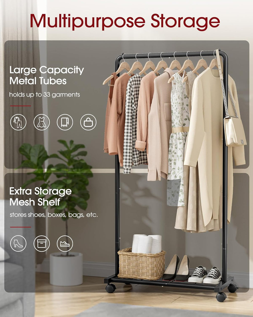 Sakugi Clothes Rack - Clothing Rack with Storage Mesh Shelf & Casters