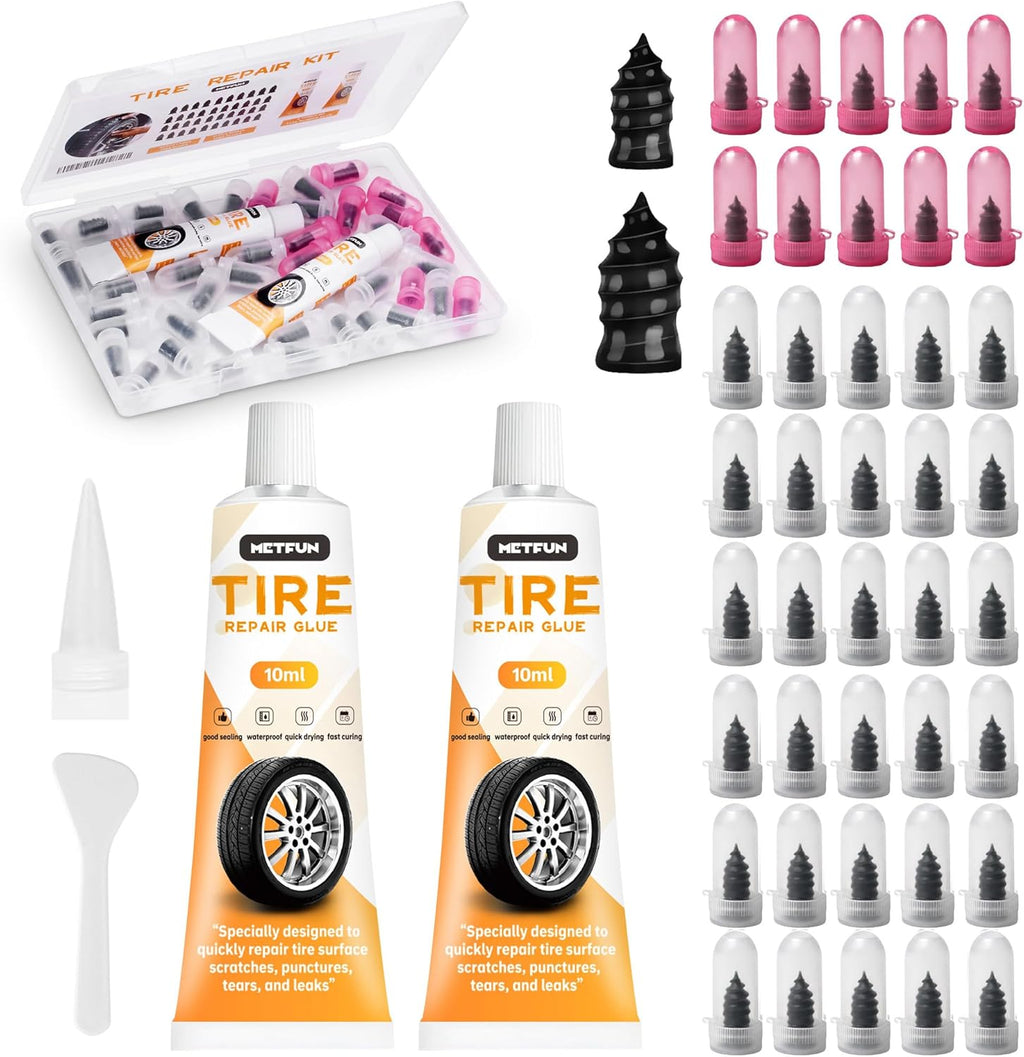 40 PCS Tire Repair Rubber Nails Kit with 2 Tubes of Black Tire Sealant Glue