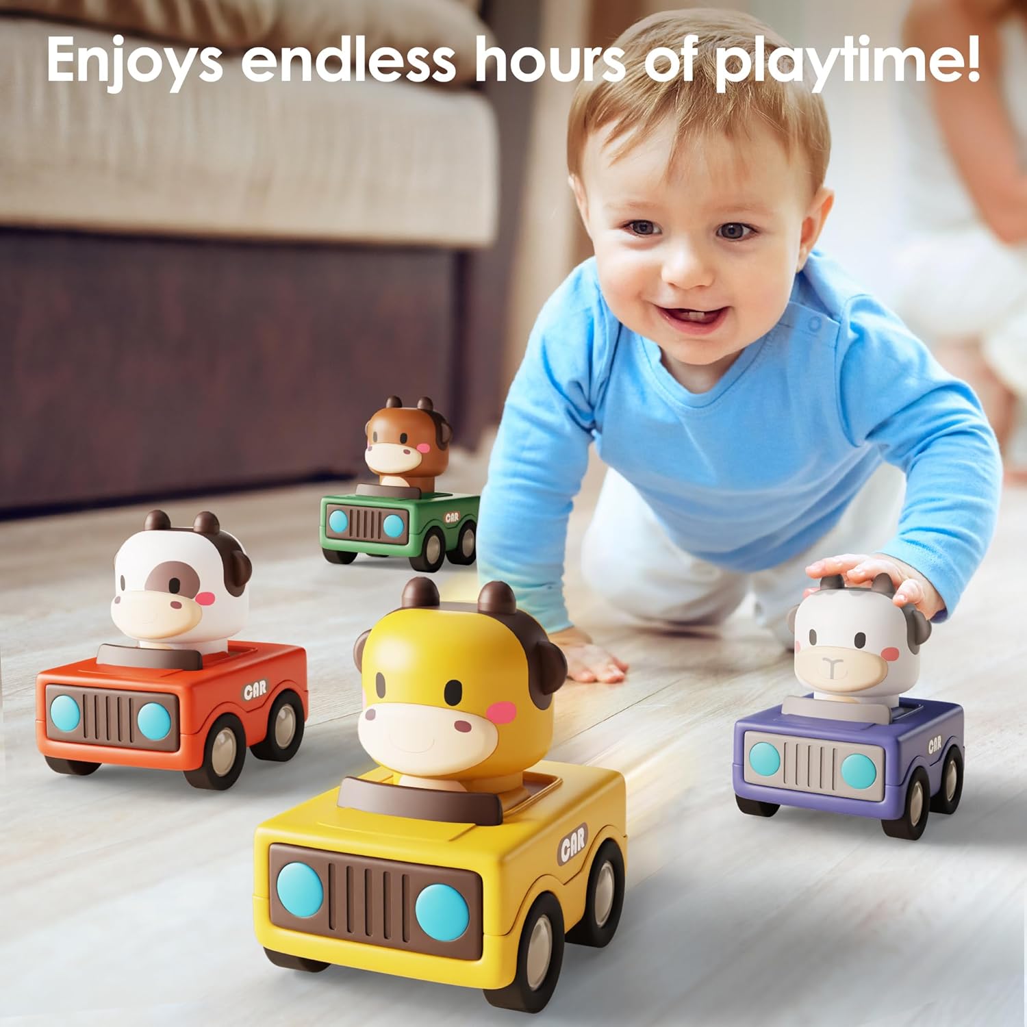 iPlay, iLearn Press to Go Car Toys for Toddlers 1-3, Baby Animal Racing Cars