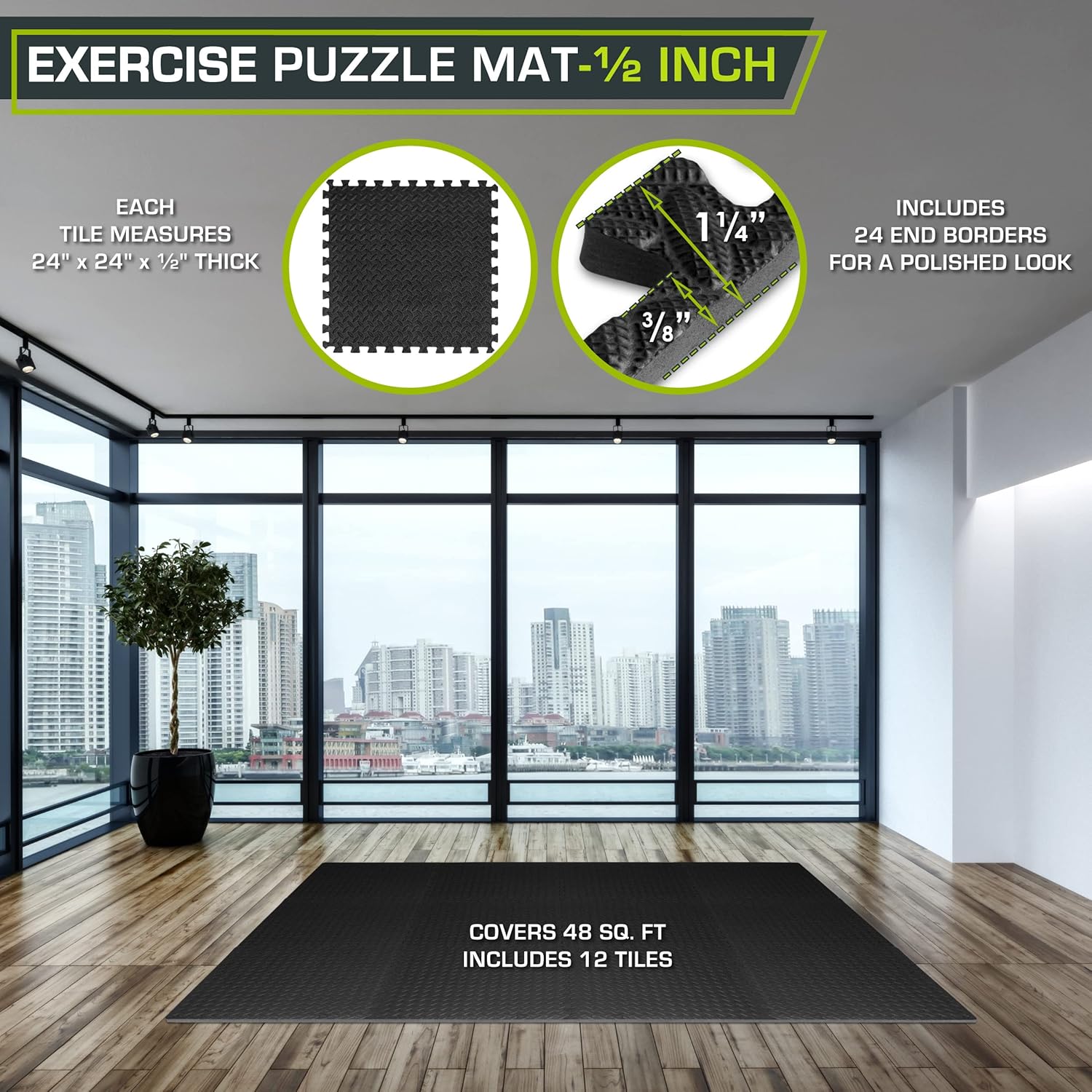 ProsourceFit Puzzle Exercise Mat å? in, EVA Interlocking Foam Floor Tiles for Home Gym, Water-Resistant Mats Workout Equipment, Floor Padding for Kids, Black, 24 in x 24 in x å? in, 48 Sq Ft - 12 Tiles