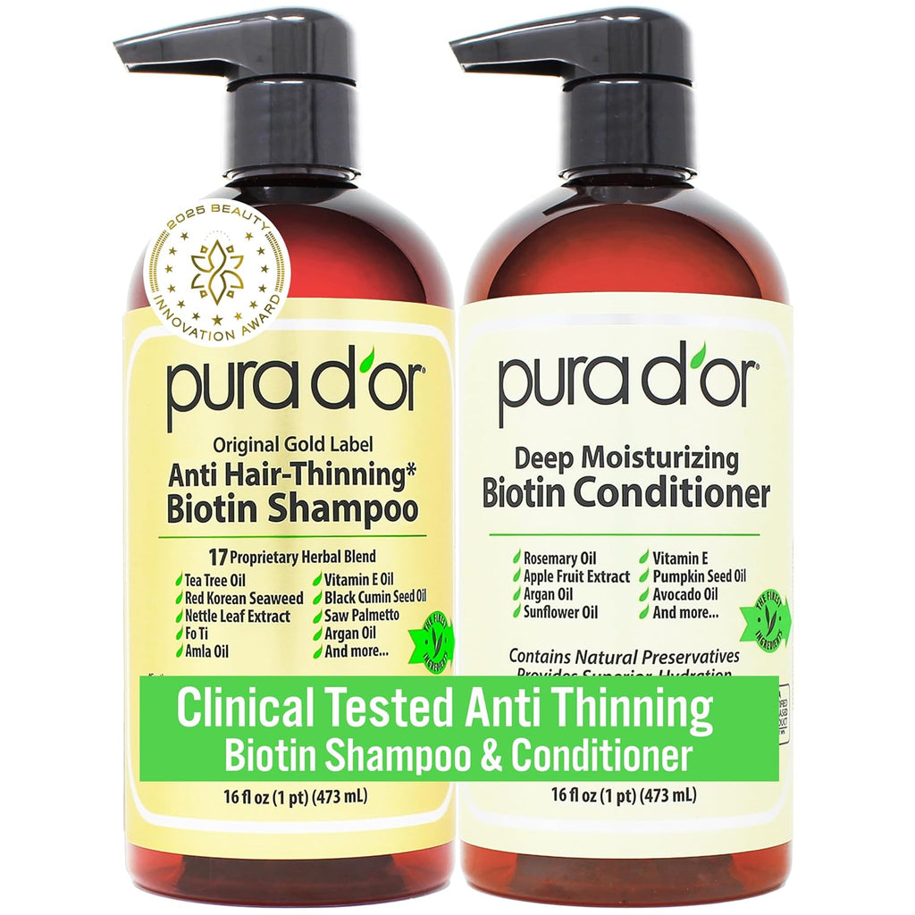 PURA D'OR Anti-Thinning Biotin Shampoo & Conditioner Original Gold Label Set (16oz x2) ‰ÛÒ CLINICALLY TESTED Formula for Volume, Strength & Thicker-Looking Hair ‰ÛÒ Helps Reduce Breakage For Women & Men