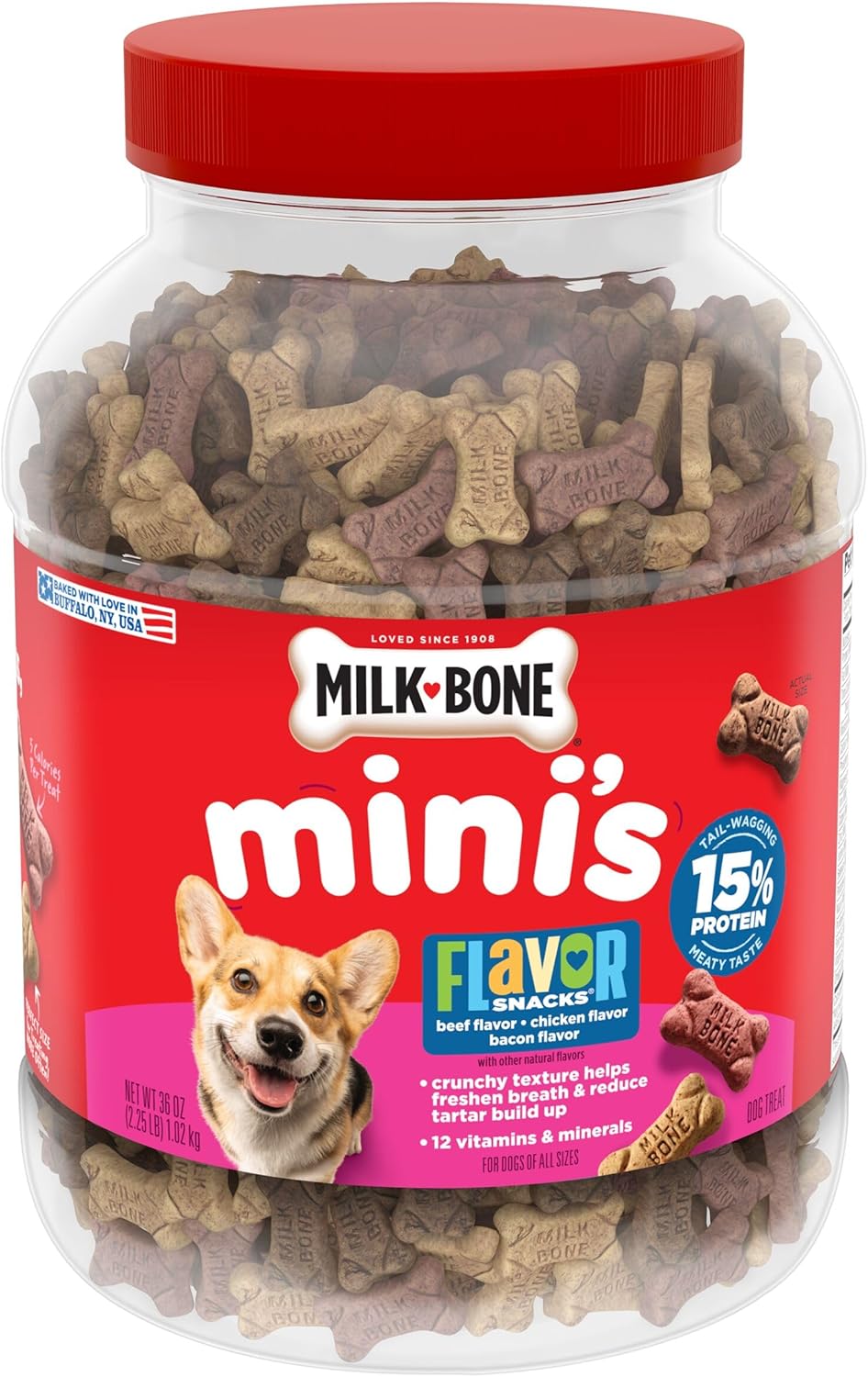 Milk-Bone Flavor Snacks Mini‰۪s Dog Biscuits, Flavored Crunchy Dog Treats, 36 Oz. Canister