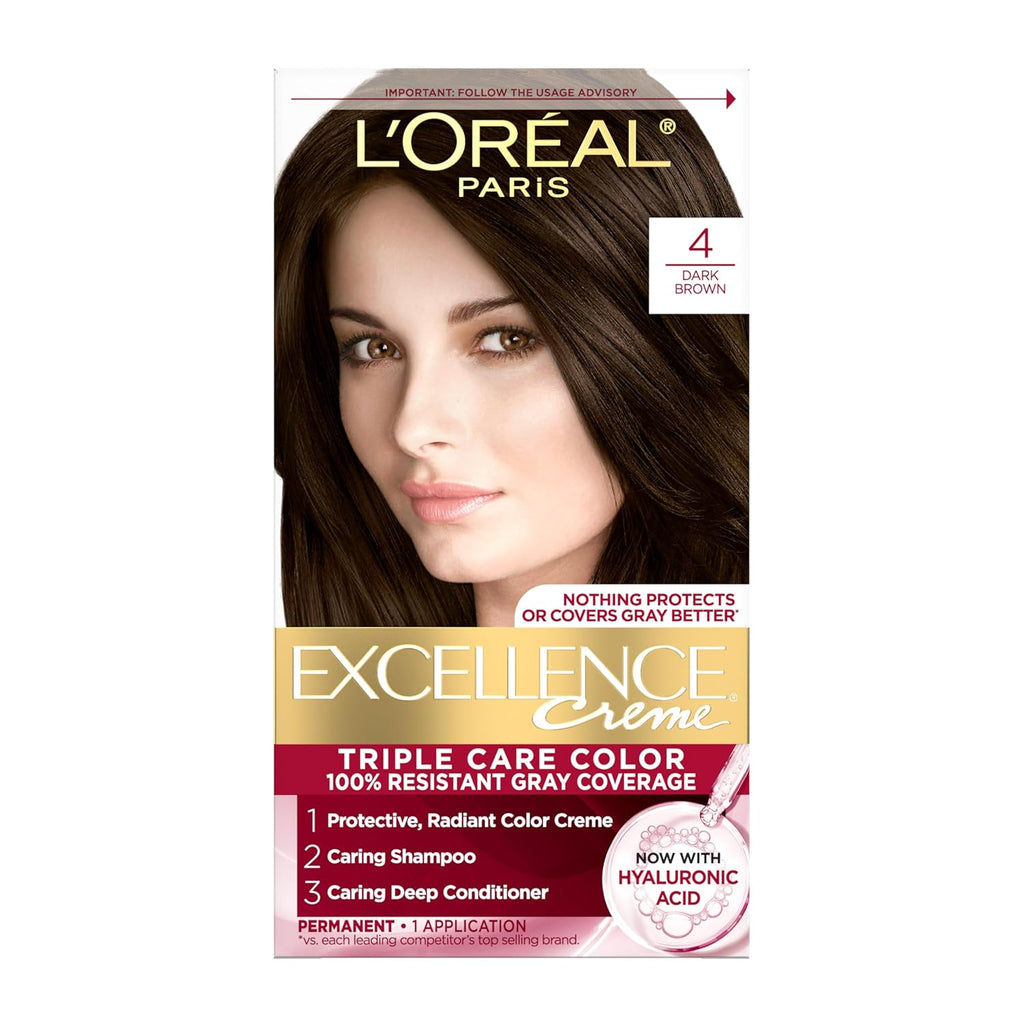 L'Oreal Paris Excellence Cr̬me Permanent Hair Dye, Triple Care Hair Color with Hyaluronic Acid for 100% Gray Coverage, 4 Dark Brown, 1 Kit (Packaging May Vary)