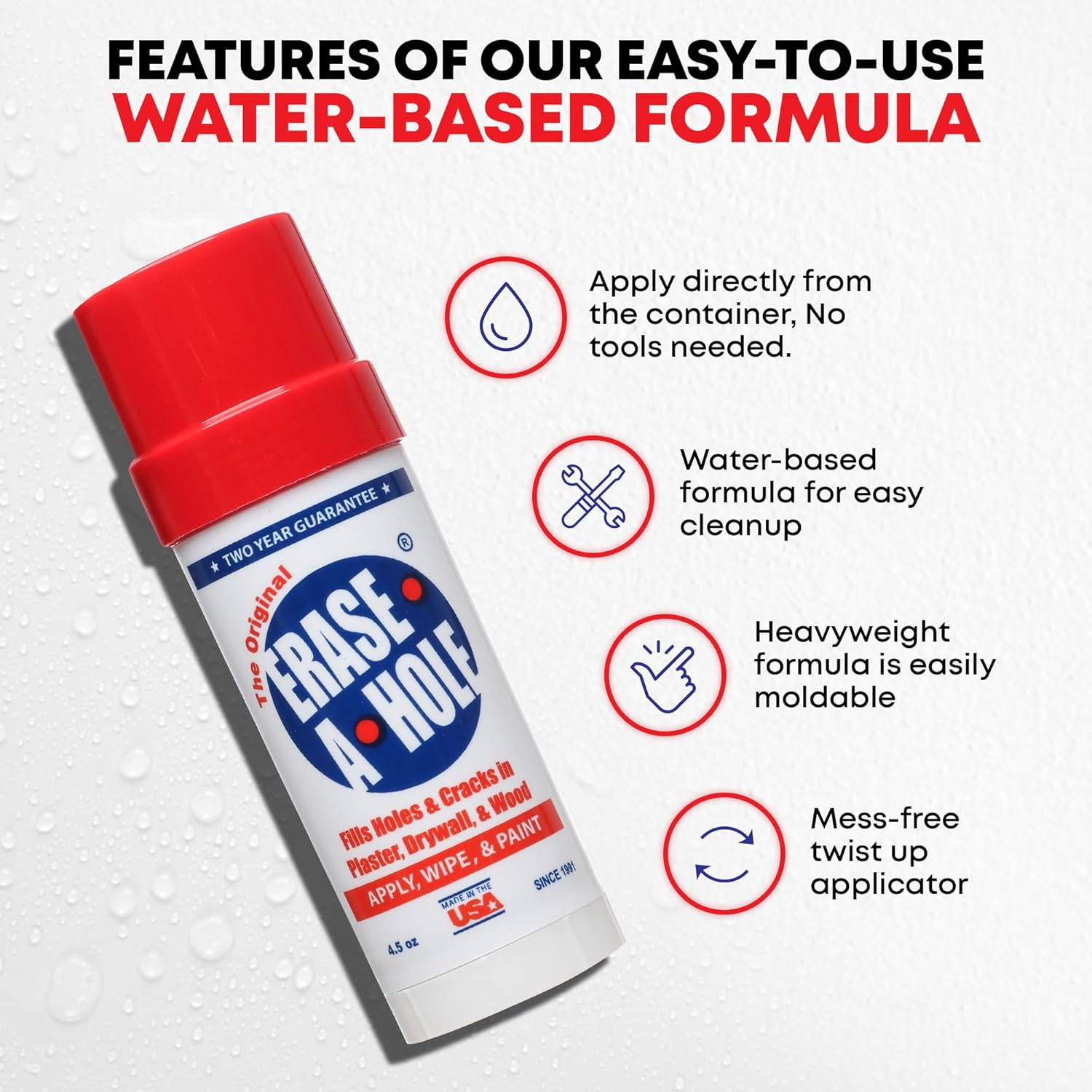 Erase-A-Hole Wall Repair Stick ‰ÛÒ Quick-Dry Nail & Screw Hole Filler for Drywall, Wood & Plaster ‰ÛÒ No Sand Spackle Alternative, Paintable Putty, 4.5 oz