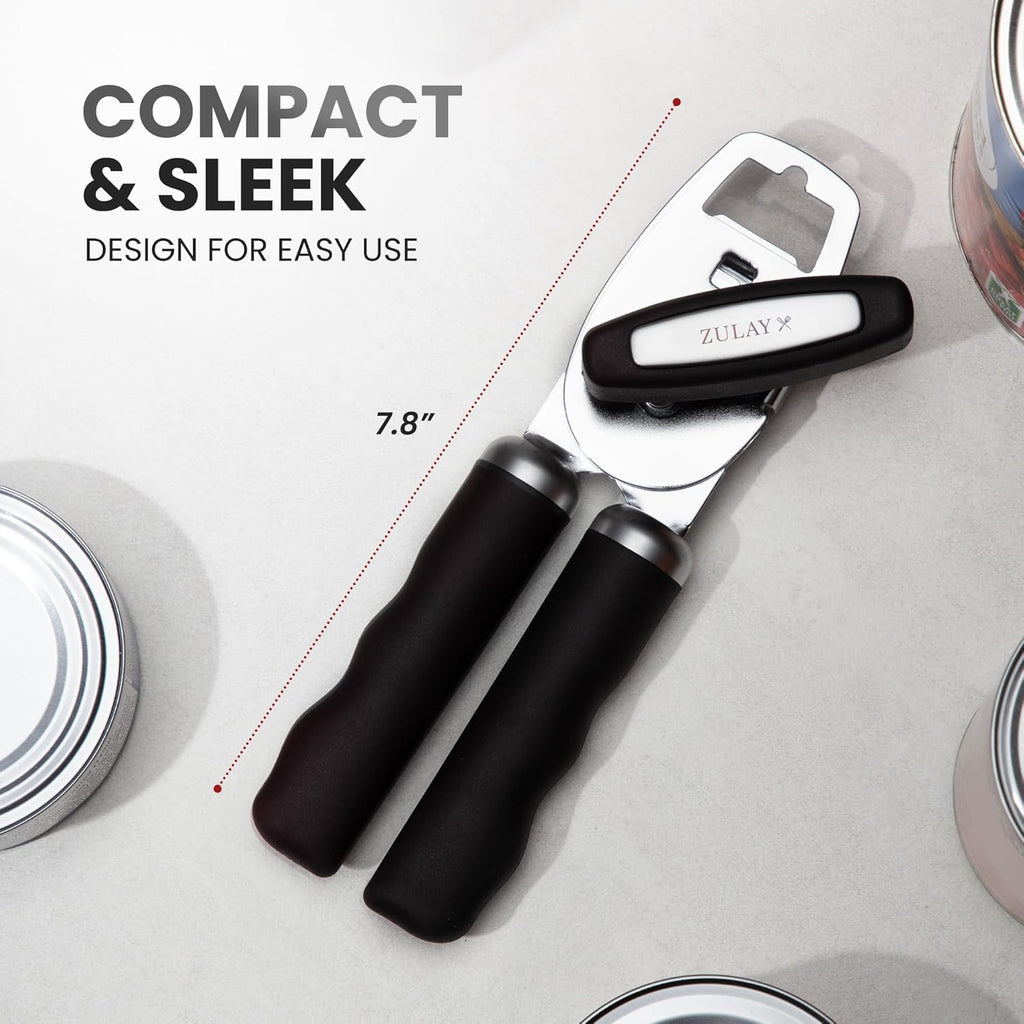 Zulay Kitchen Heavy Duty Stainless Steel Can Opener Manual with Bottle Opener - Rust Proof Manual Can Opener With Turn Knob & Comfy Soft Grip Handles - Black