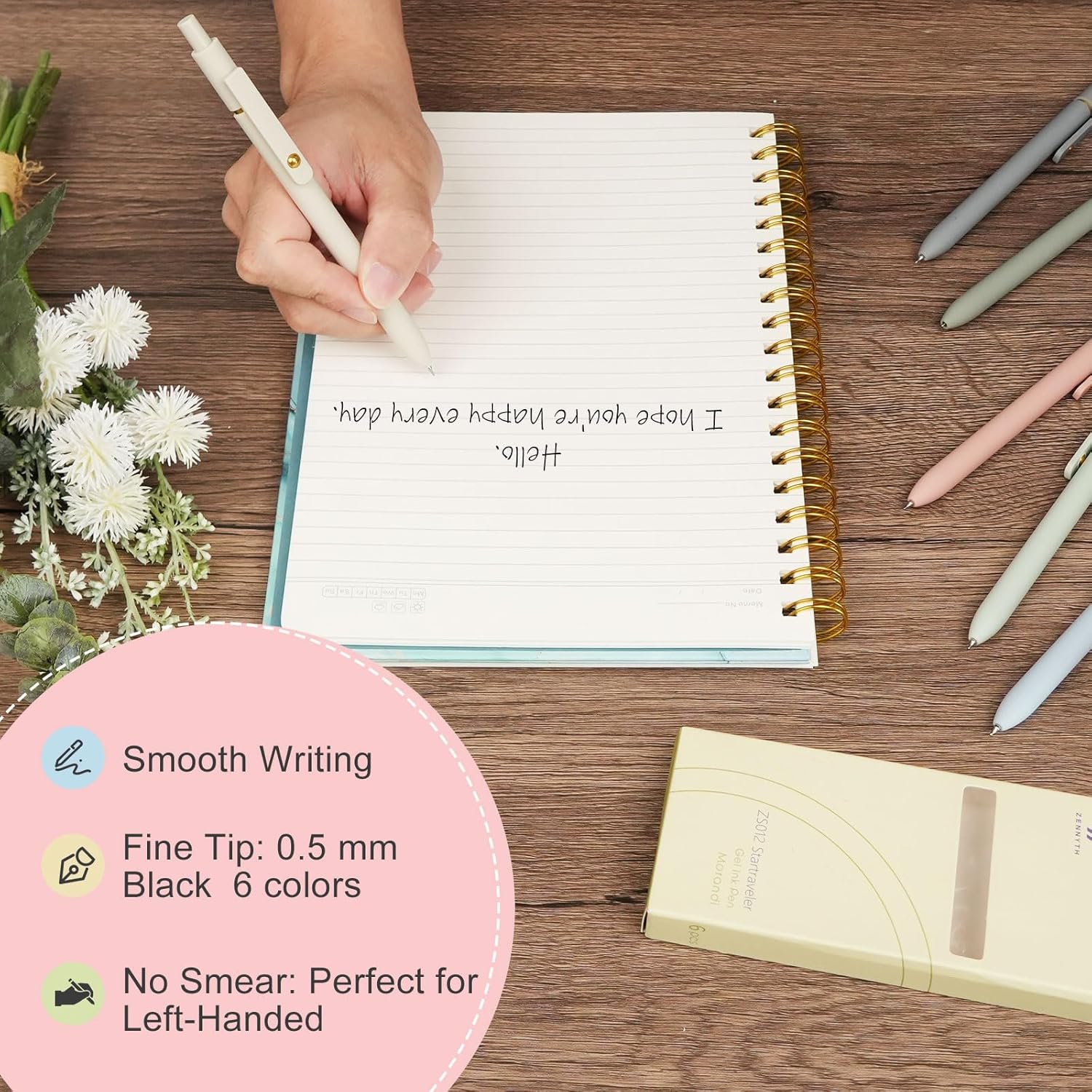 Ddaowanx Gel Pens, 6 Pcs 0.5mm Quick Dry Black Ink Pens Fine Point Smooth Writing Pens, Cute Office School Supplies Gifts for Women