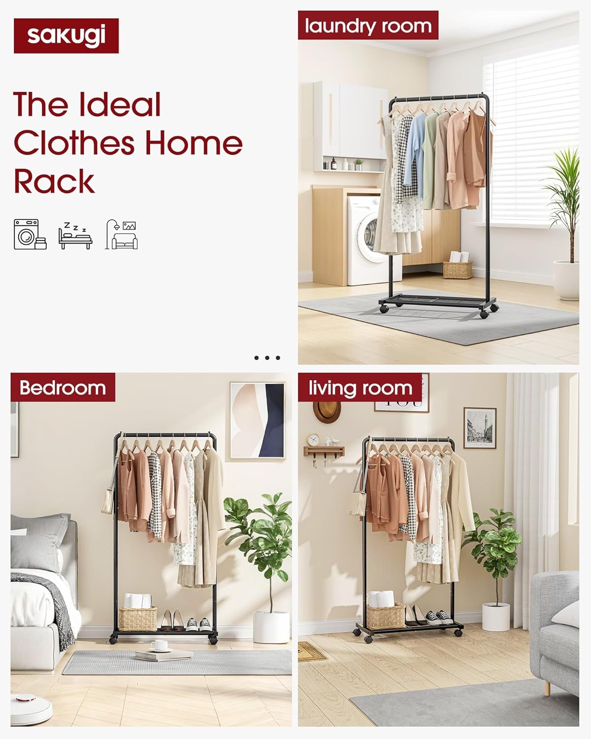 Sakugi Clothes Rack - Clothing Rack with Storage Mesh Shelf & Casters