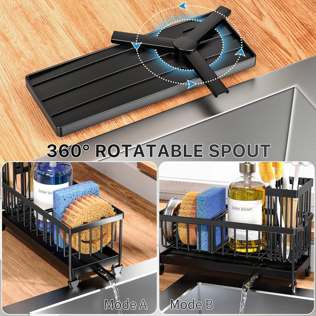 Cisily Sponge Holder for Kitchen Sink, Sink Caddy Organizer with High Brush Holder, Kitchen Countertop Organizers and Storage Essentials, Rustproof 304 Stainless Steel (Black, 9.25‰Û?)