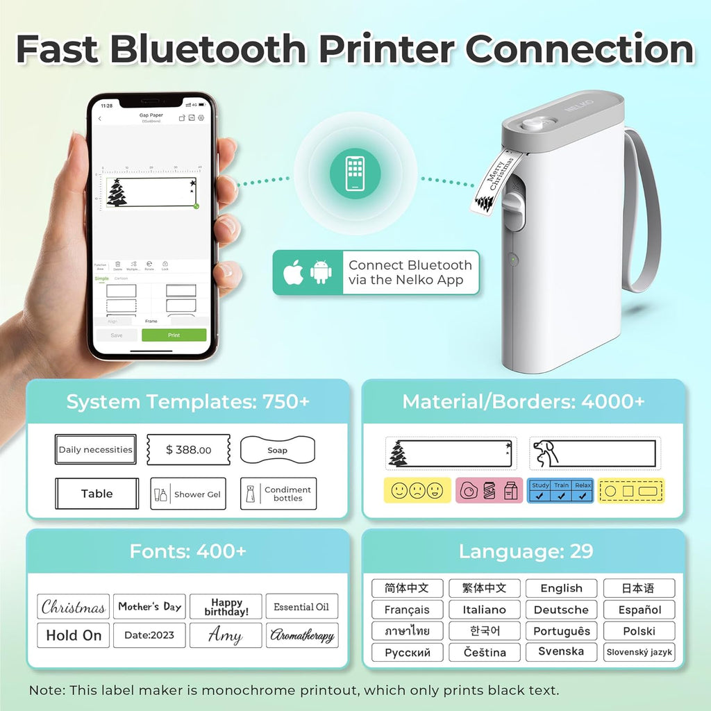 Nelko Label Maker Machine with Tape, P21 Bluetooth Label Printer, Wireless Mini Label Makers with Multiple Templates for School Office Home, White