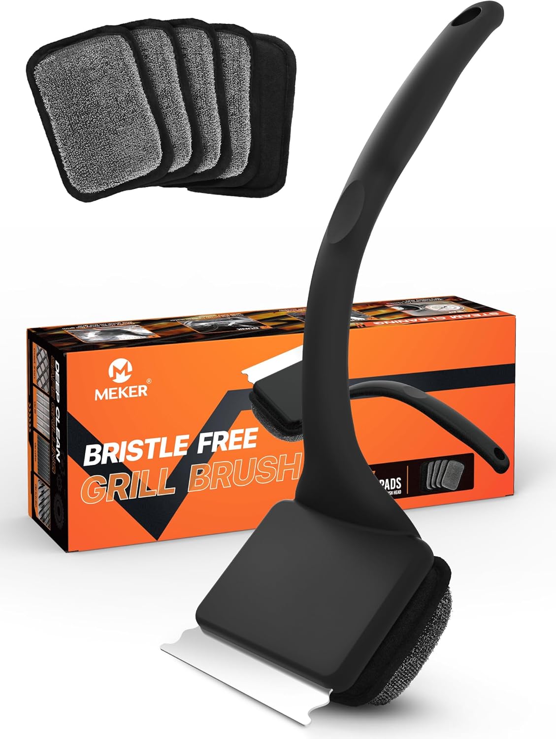 MEKER Grill Brush Bristle Free, Grill Cleaner Brush with 5 BBQ Replacement Head for Cast Iron, Stainless Steel Grates, Safe Grill Scraper Outdoor BBQ Grill, Black