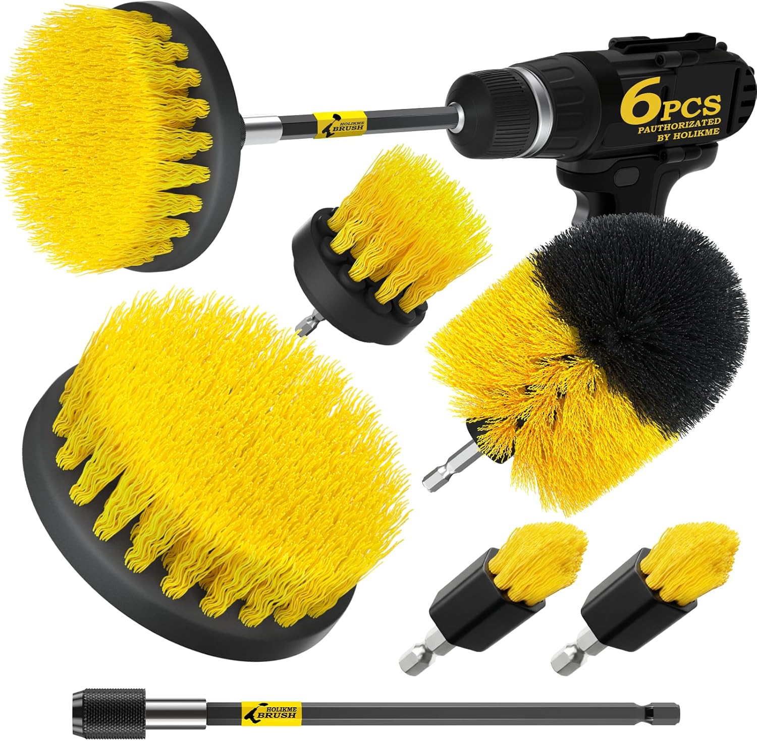 Holikme 6Pack Drill Brush Power Scrubber Cleaning Brush Extended Long Attachment Set All Purpose Drill Scrub Brushes Kit for Grout, Floor, Tub, Bathroom and Kitchen Surface,Scratch Brushes•?öYellow•?ä