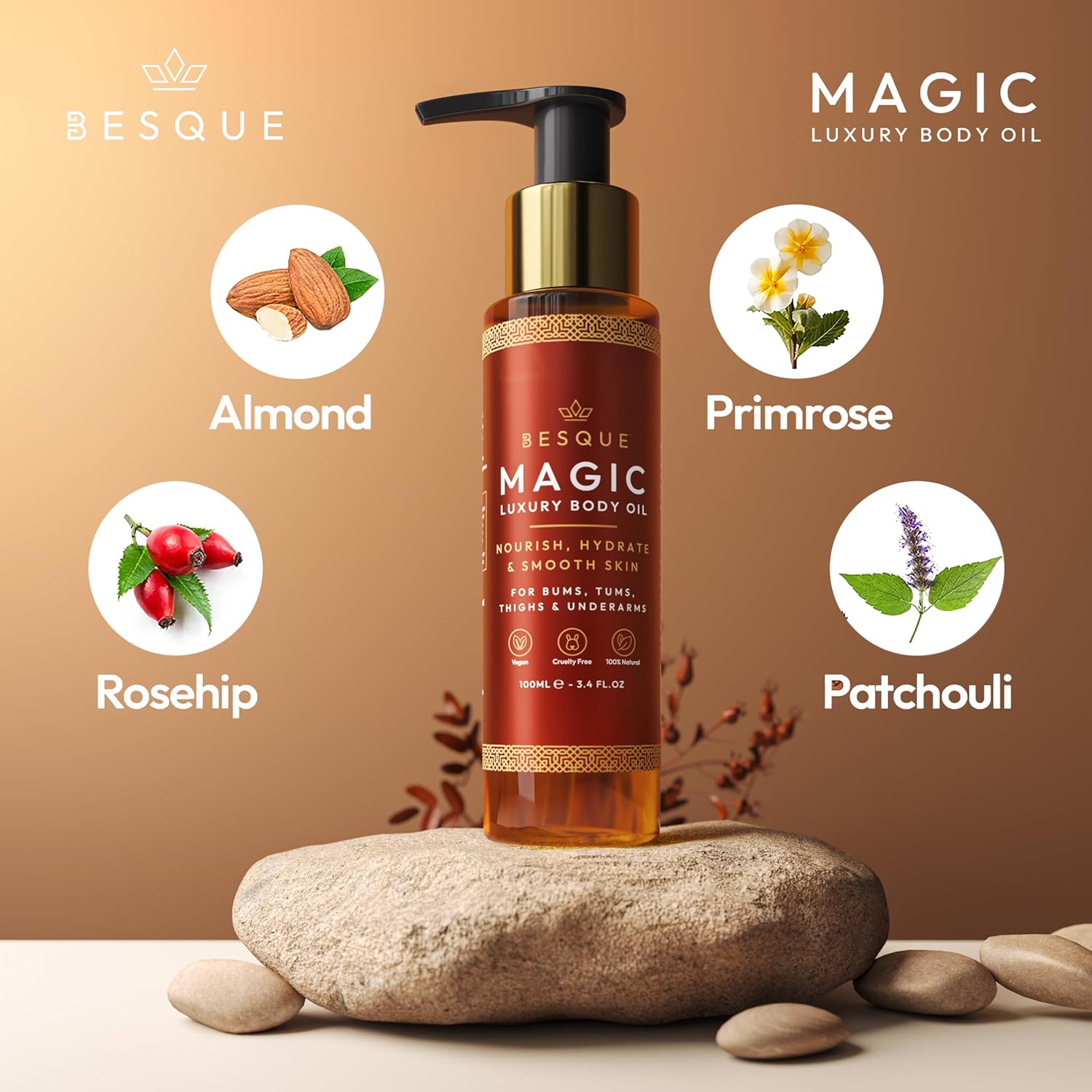 Besque Magic Body Oil, 3.4 FL OZ, After Shower Body Oil For Women, Hydrating