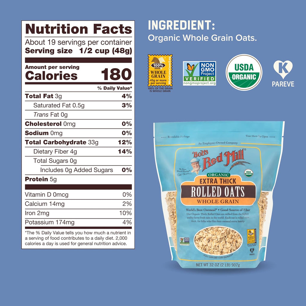 Bob's Red Mill Organic Extra Thick Rolled Oats, 32oz (Pack of 4) - Non GMO