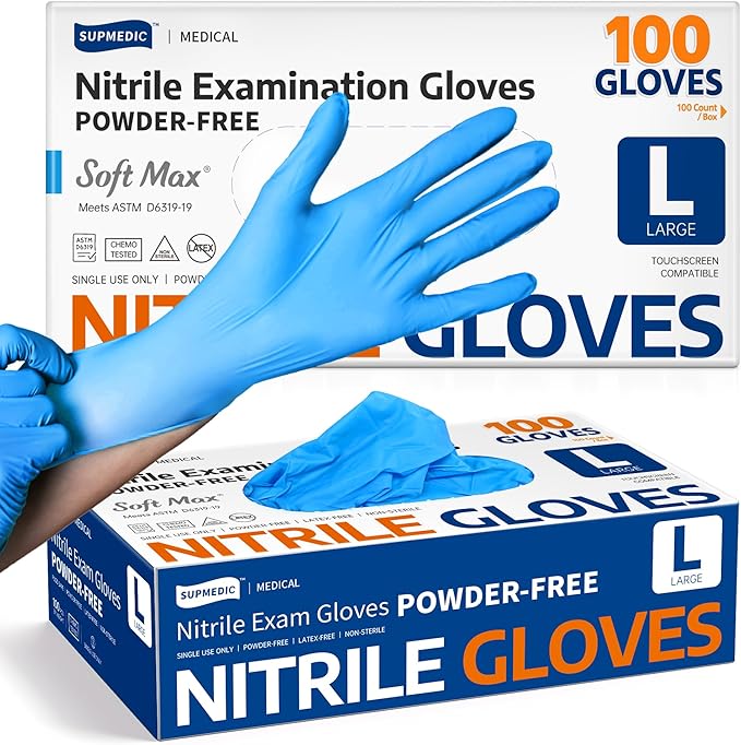 Supmedic Medical Soft Max‰ã¢ Nitrile Exam Gloves, 100 Count Latex-Free Powder-Free Non-Sterile Food Safe Disposable Glove, Blue