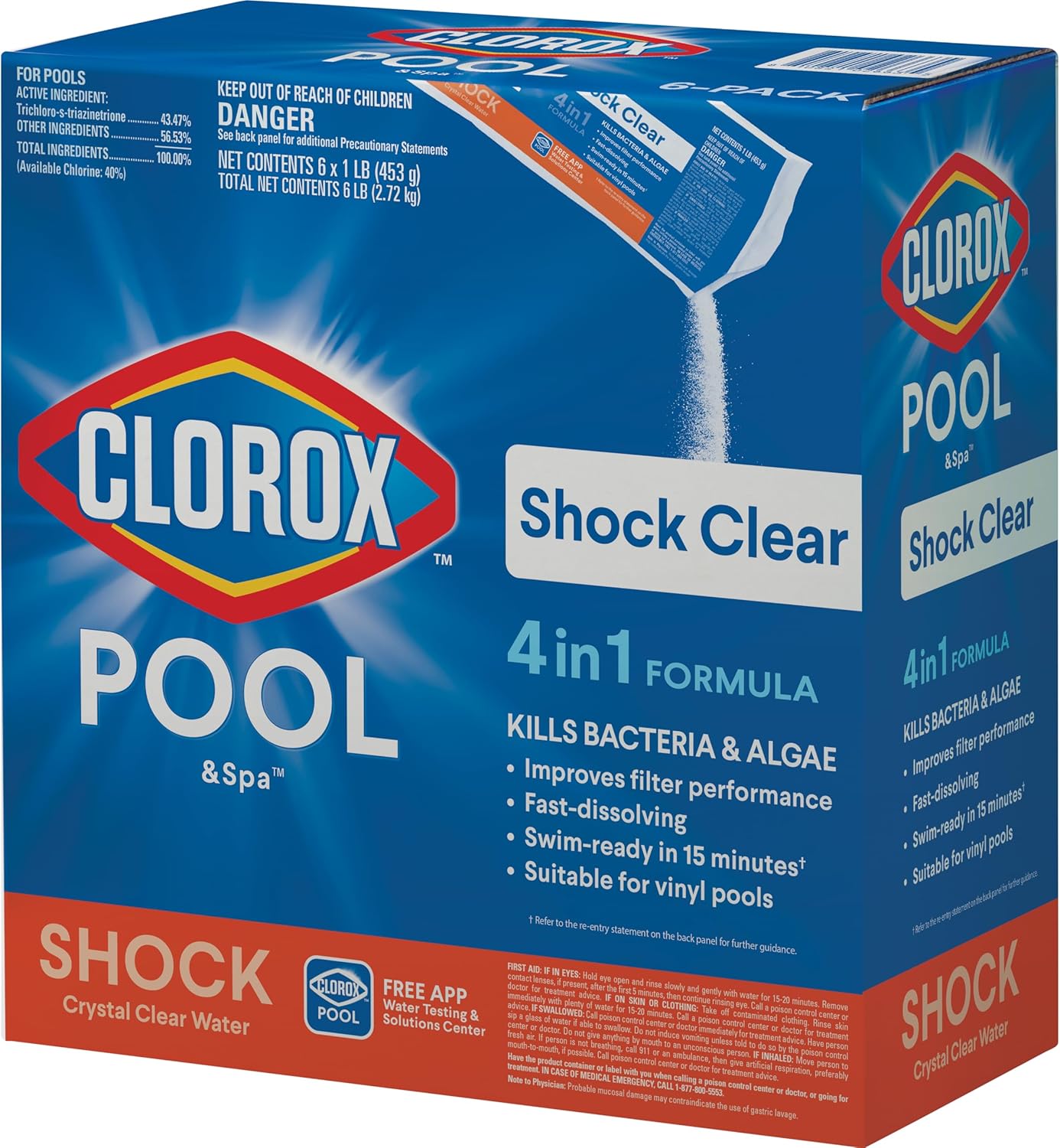 Cloroxå¨ Pool&Spa‰ã¢ Shock Clear, for Crystal Clear Swimming Pool Water, Swim-ready in 15 minutes, Suitable for vinyl pools (6-Pack)