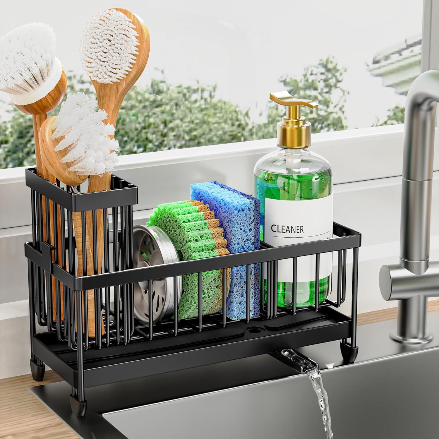 Cisily Sponge Holder for Kitchen Sink, Sink Caddy Organizer with High Brush Holder, Kitchen Countertop Organizers and Storage Essentials, Rustproof 304 Stainless Steel (Black, 9.25‰Û?)