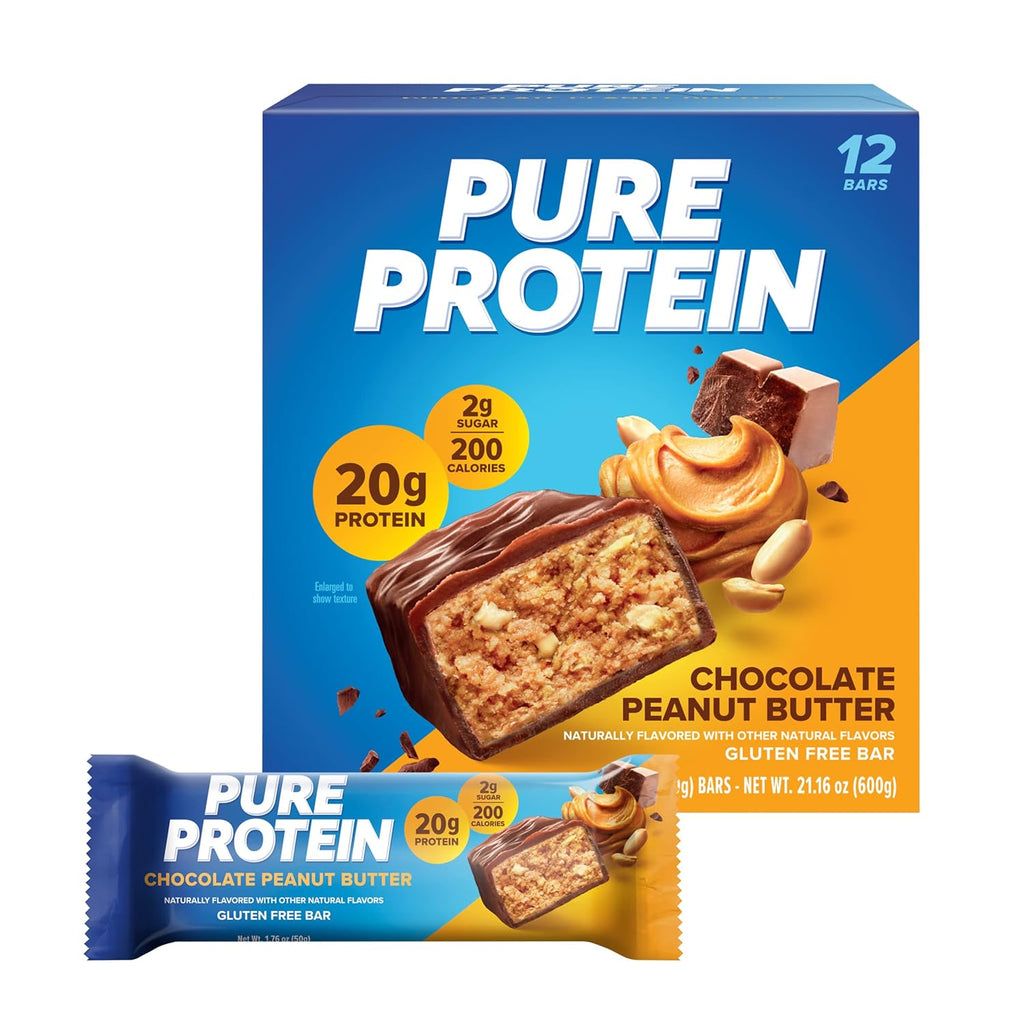 Pure Protein Chocolate Peanut Butter Protein Bars ‰ÛÒ 20g Protein, 3g Sugar, 190 Calories (12 count) Low Sugar* High Protein Snack - Gluten Free - Perfect for a Healthy Snack