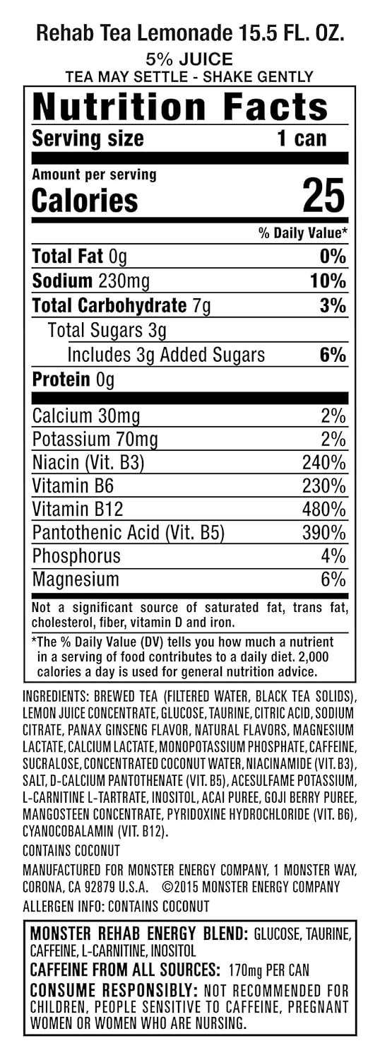 Monster Rehab Tea + Lemonade + Energy, Energy Drink 15.5 Ounce