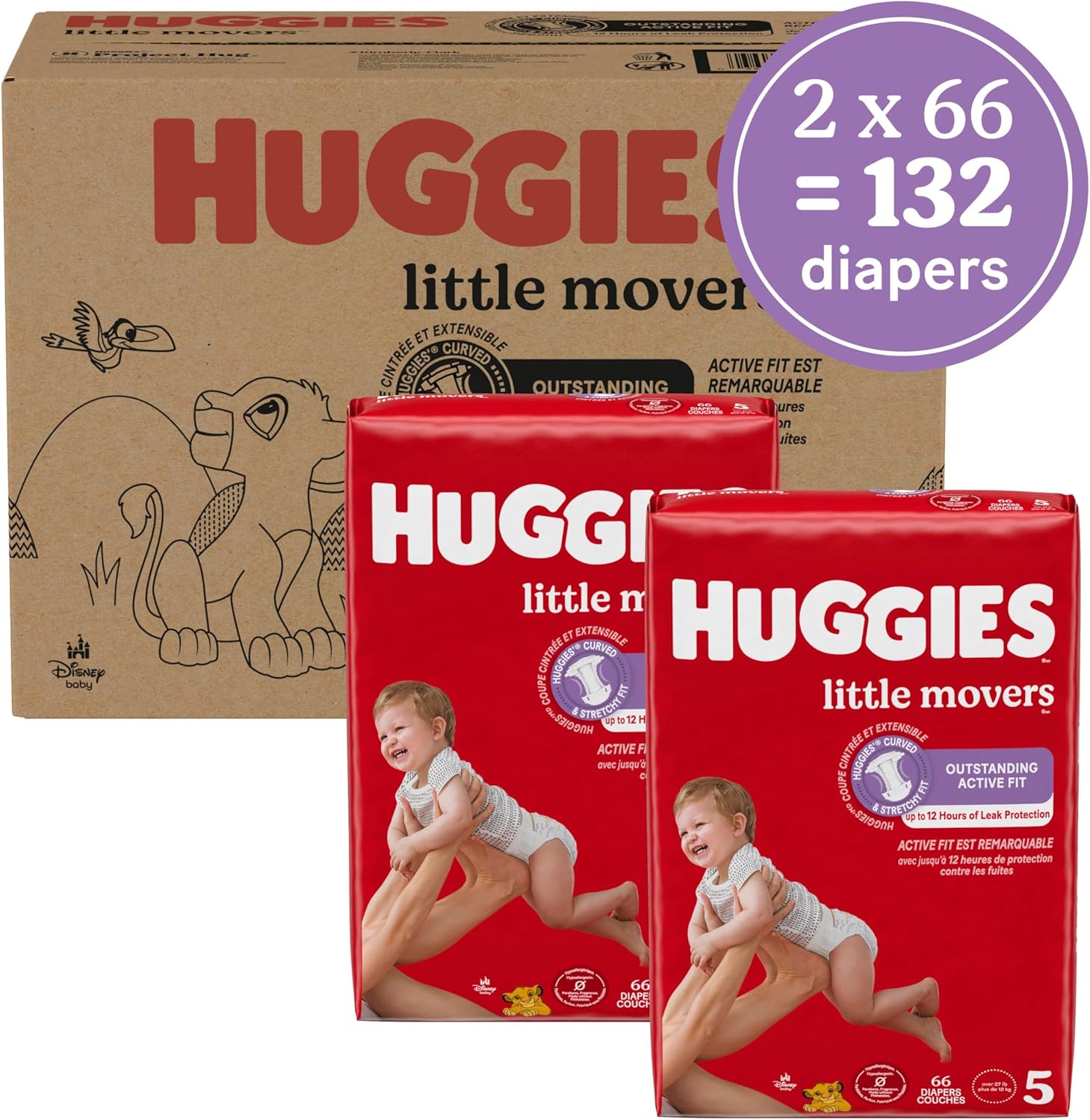 Huggies Size 5 Diapers, Little Movers Baby Diapers, Size 5 (27+ lbs), 132
