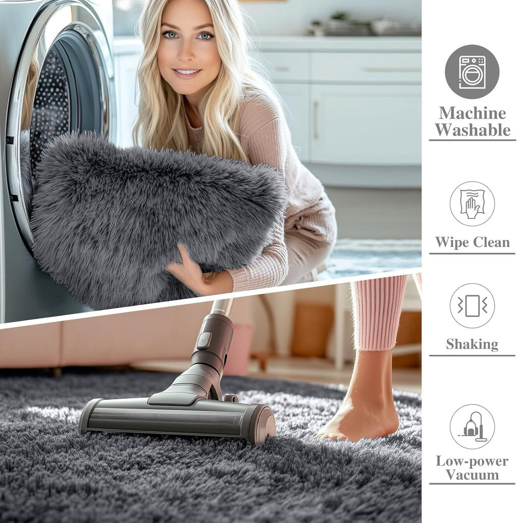 OLANLY Area Rugs for Living Room Bedroom, Machine Washable 4x5.9 ft Soft Fluffy Shaggy Bedside Rug, Indoor Floor Carpet for Kids Girls and Boys, Dorms, Nursery Rooms, Home Decor Aesthetic, Grey