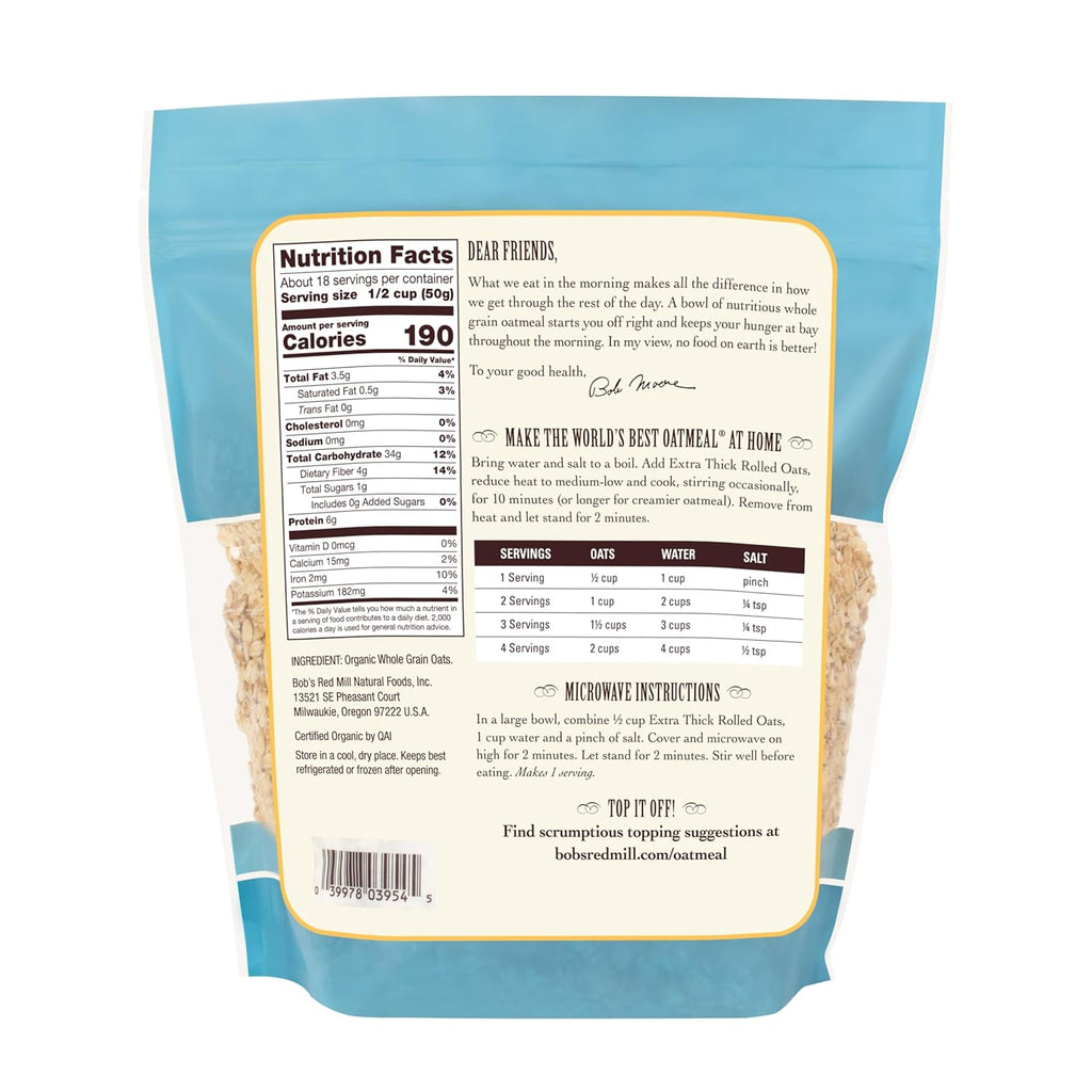 Bob's Red Mill Organic Extra Thick Rolled Oats, 32oz (Pack of 4) - Non GMO