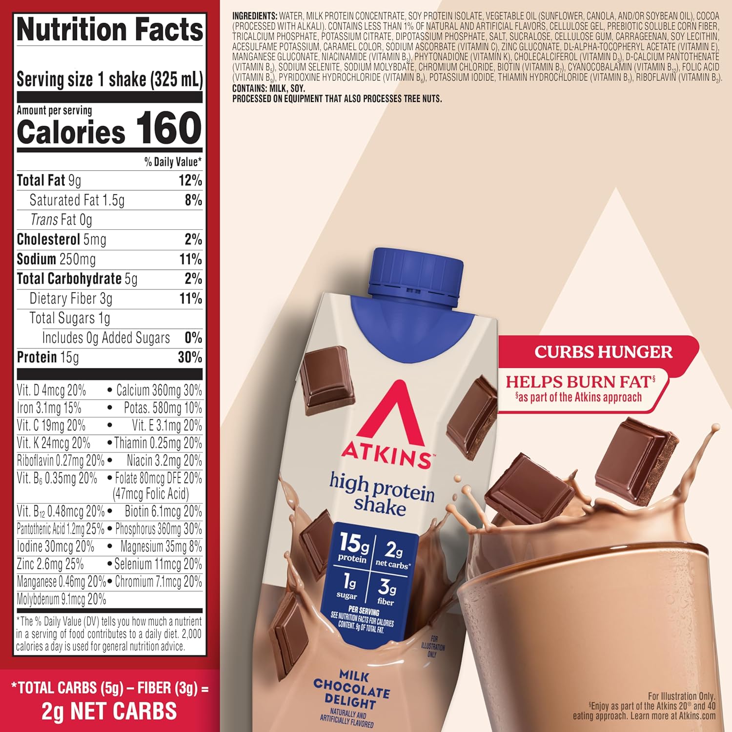 Atkins Milk Chocolate Delight High Protein Shake, 15g Protein, 2g Net Carb