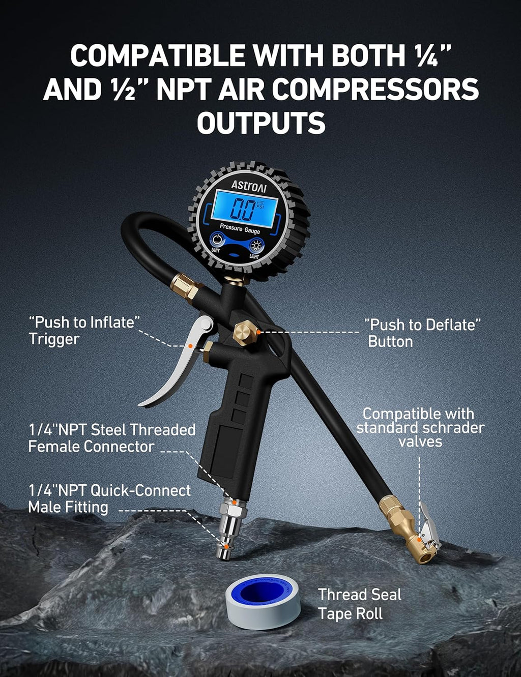 AstroAI Digital Tire Pressure Gauge with Inflator, 3-250 PSI Air Chuck &